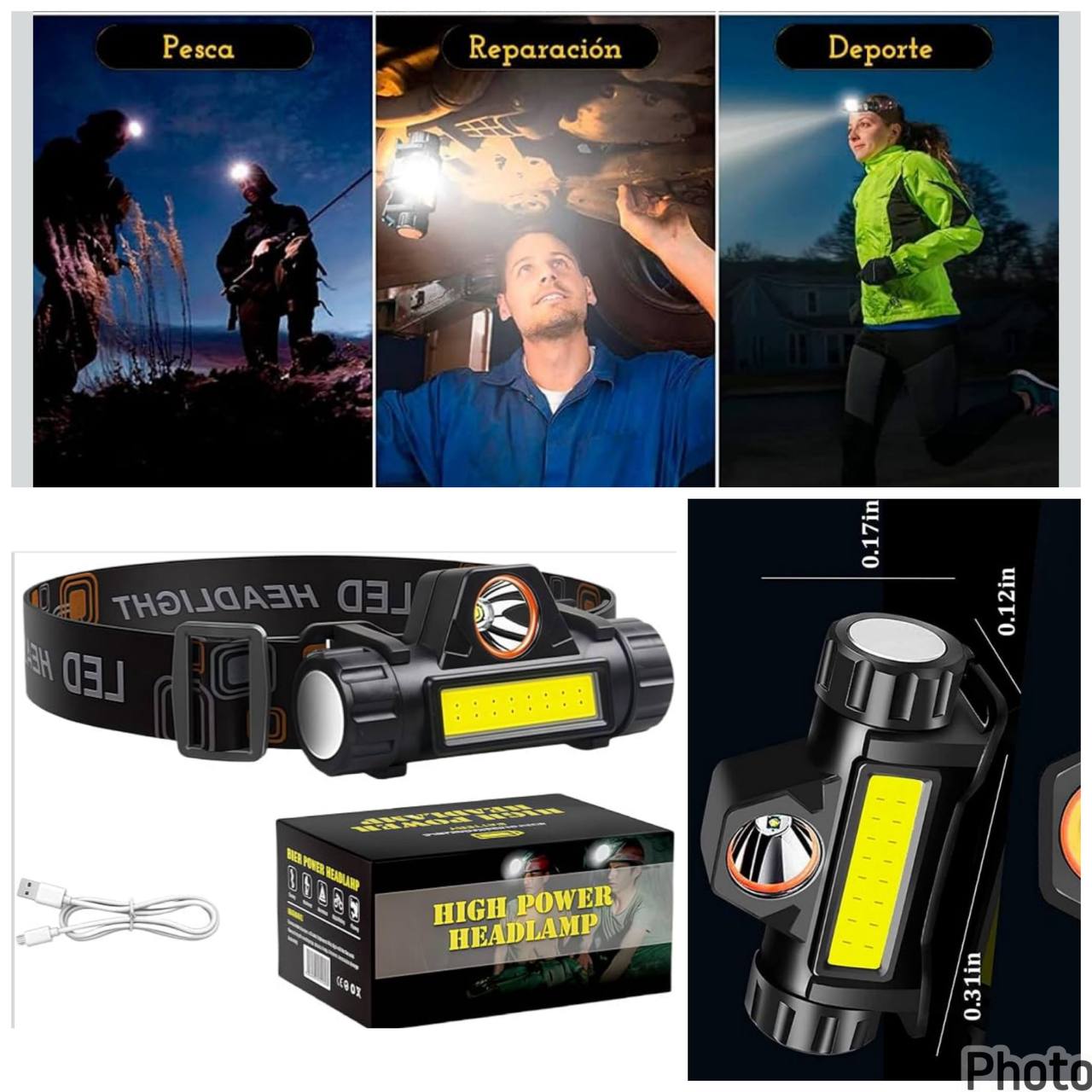 Linterna Frontal LED COB Recargable USB | IPX5 | Alta Potencia 800 Lúmenes | Hasta 6 Hrs de Batería