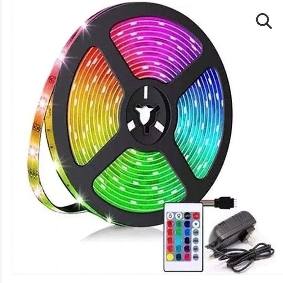Tira de luces LED RGB 5050 de 5 metros con control remoto y adaptador de corriente