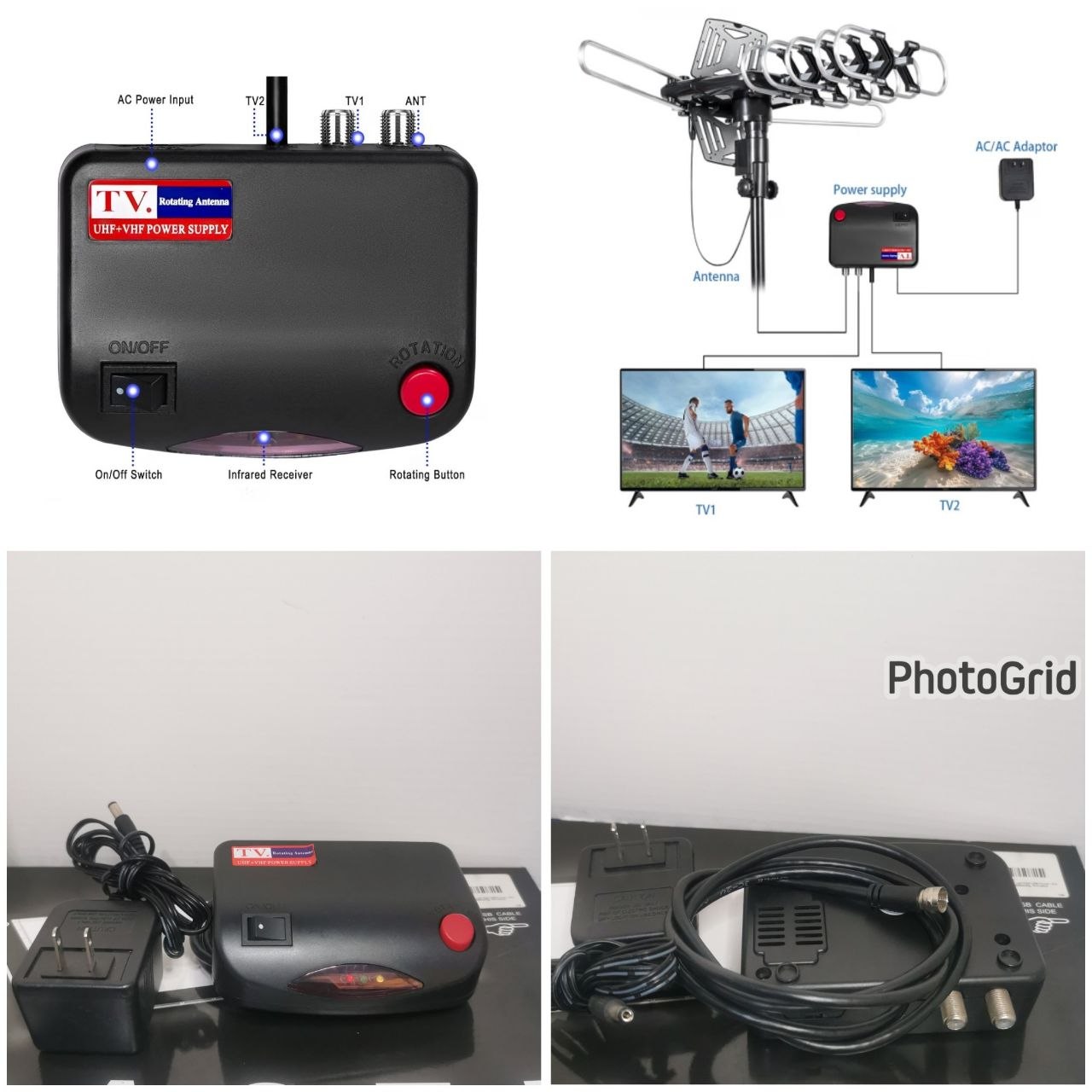 Caja de Control y Fuente de Poder para Antena de TV Giratoria UHF/VHF con 2 Salidas Coaxiales