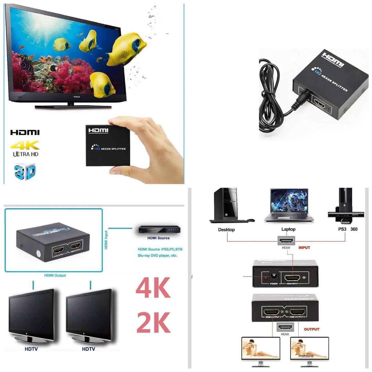 Splitter HDMI 1x2 4K Ultra HD 3D, Duplicador de Señal de 1 Entrada a 2 Salidas