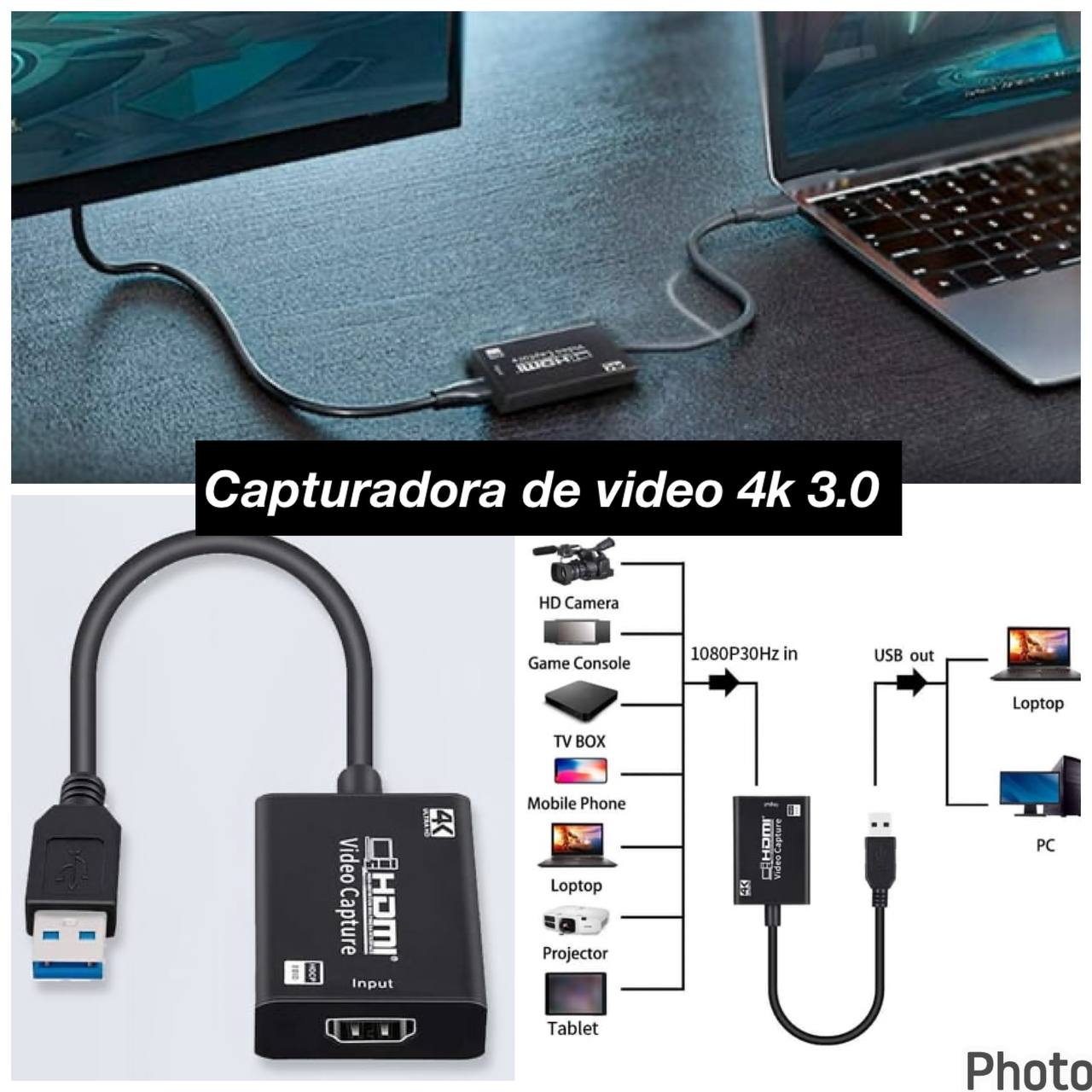 Capturadora de Video HDMI a USB 3.0 4K Ultra HD 1080P 30Hz