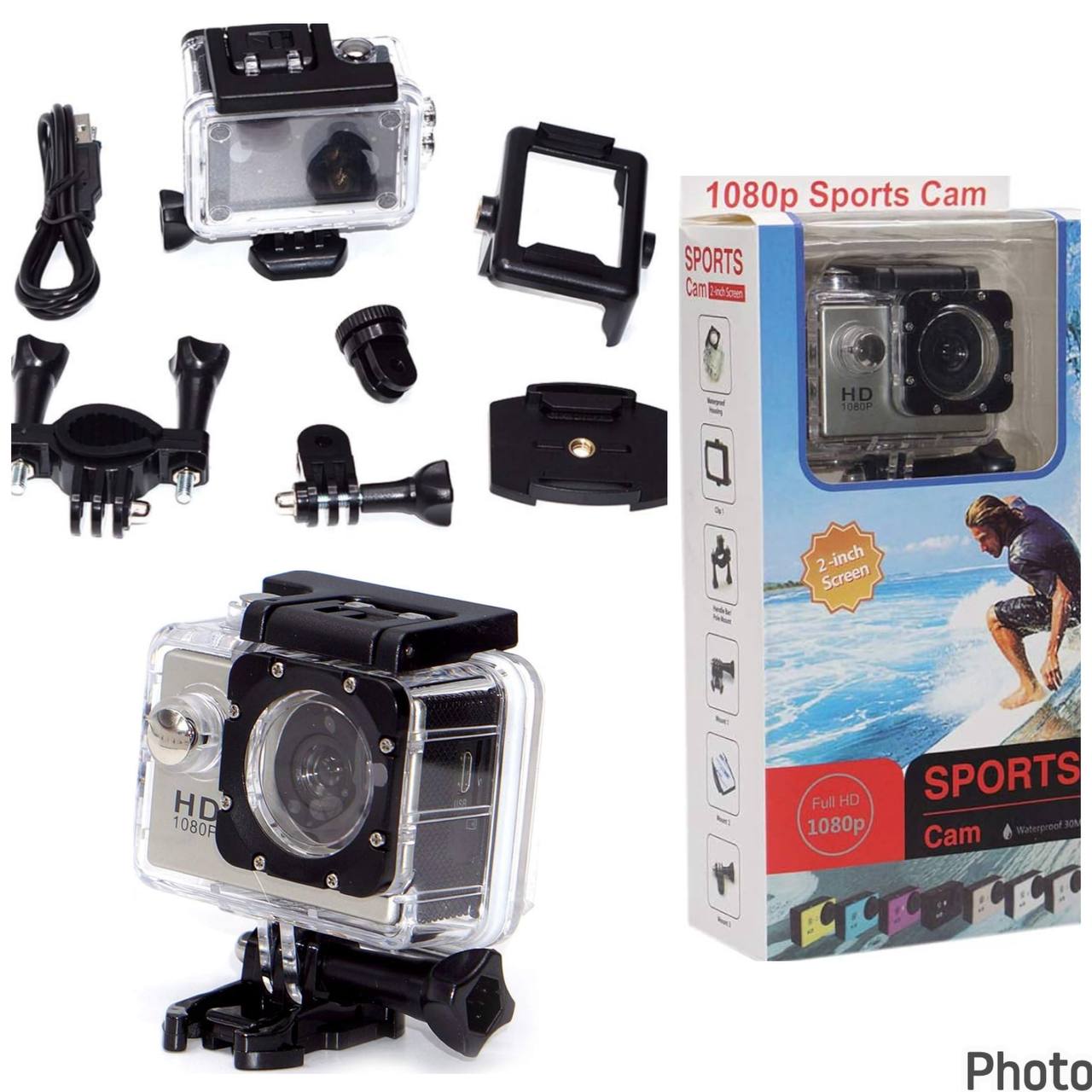 Cámara Deportiva Full HD 1080p con Pantalla de 2 Pulgadas y Kit de Accesorios Impermeable