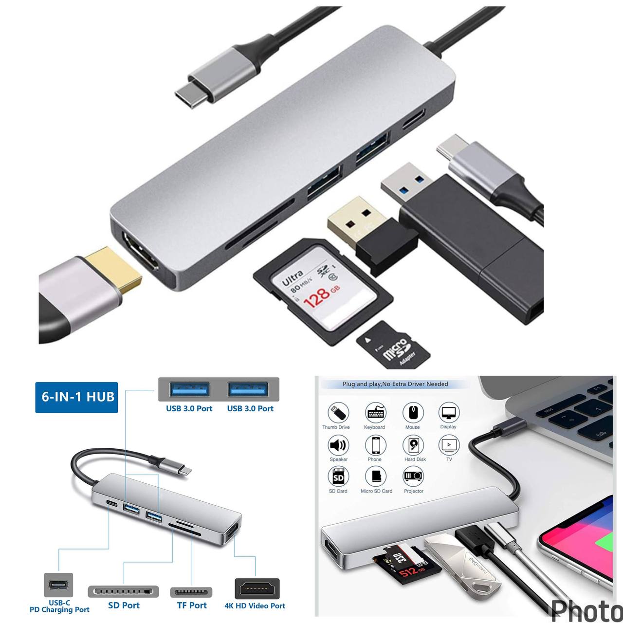 Hub USB-C 6 en 1 Adaptador multipuerto con HDMI 4K, 2x USB 3.0, SD y TF