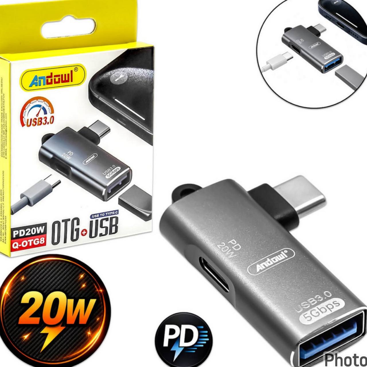 Adaptador USB-C a USB-A 3.0 OTG Andowl Q-OTG8 con Carga PD 20W