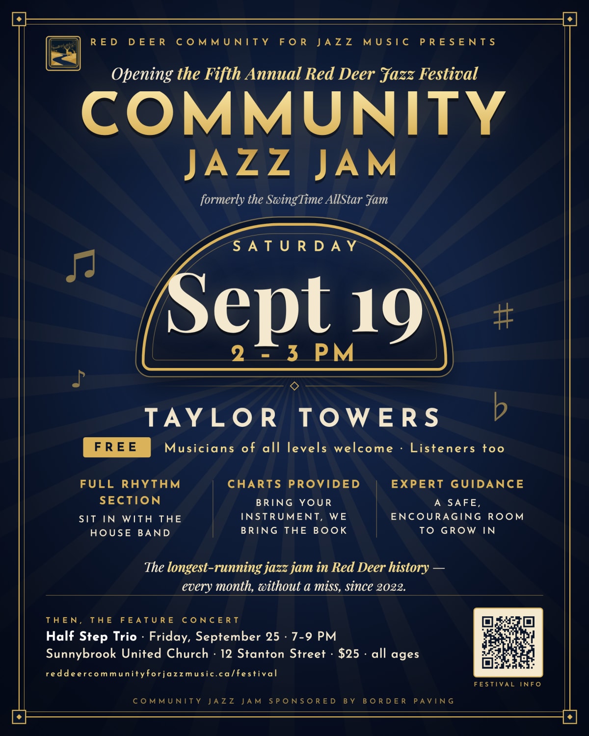 Community Jazz Jam, formerly the SwingTime AllStar Jam. Saturday September 19, 2026, 2–3 PM at Taylor Towers. Free. Opening the Fifth Annual Red Deer Jazz Festival.