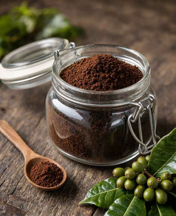 Bột cà phê trong hũ bảo quản