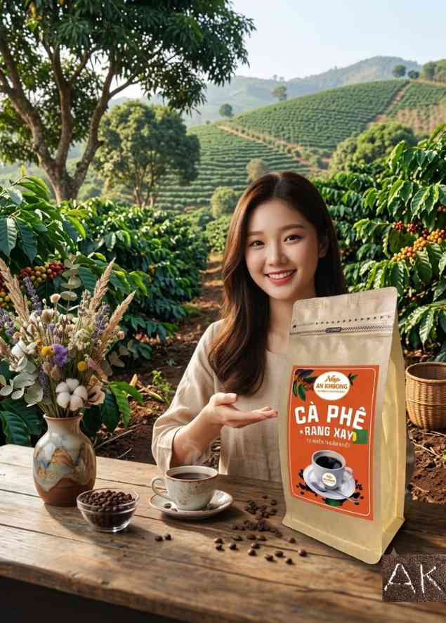 Người mẫu nữ cầm túi Robusta trong vườn cà phê.