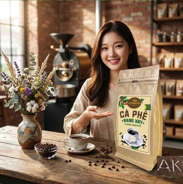 Người mẫu nữ cầm túi cà phê An Khương trong không gian quán/xưởng cà phê