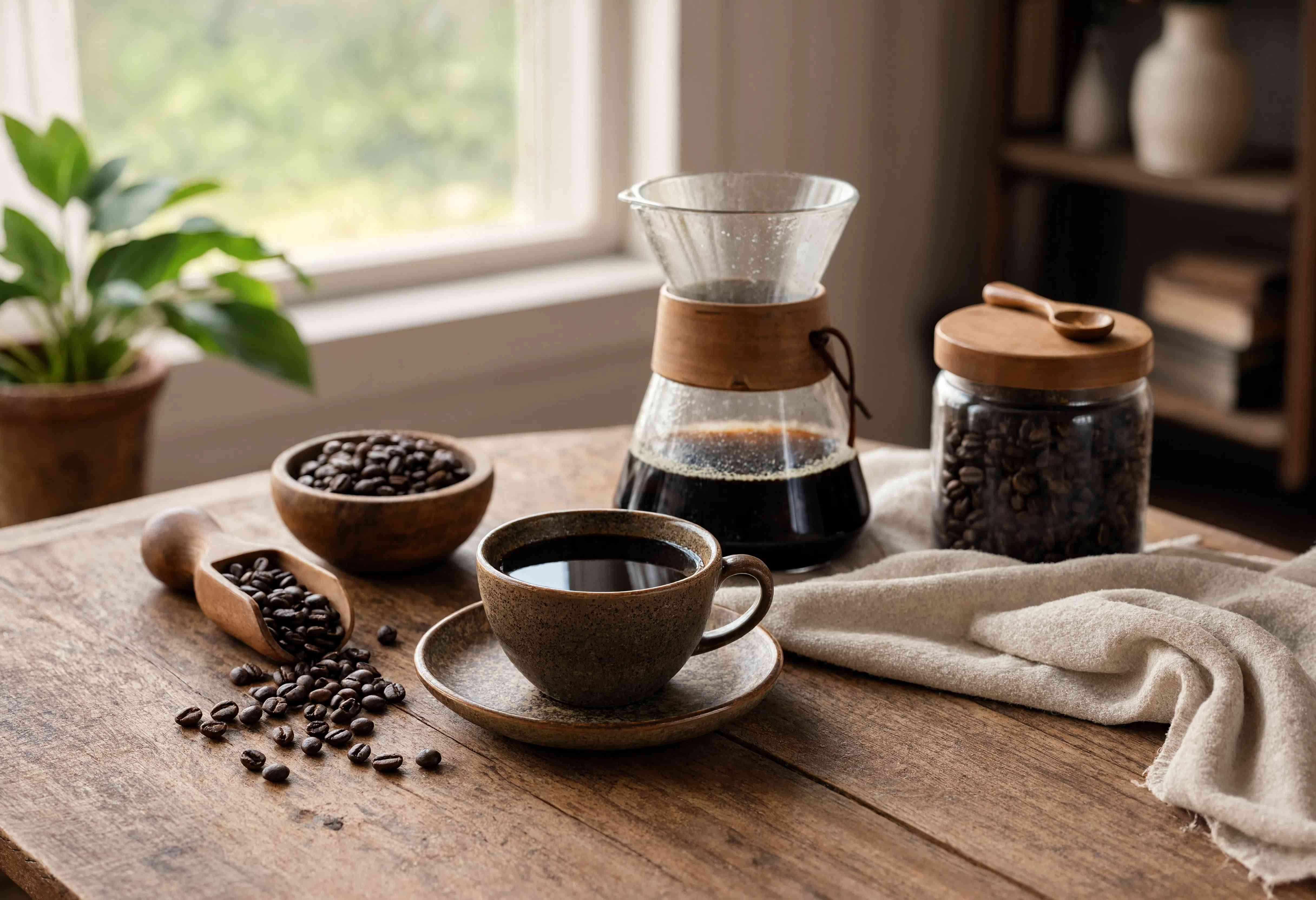 Bàn pha cà phê tại nhà: Chemex, cốc cà phê, hũ hạt, muỗng và cây xanh cạnh cửa sổ
