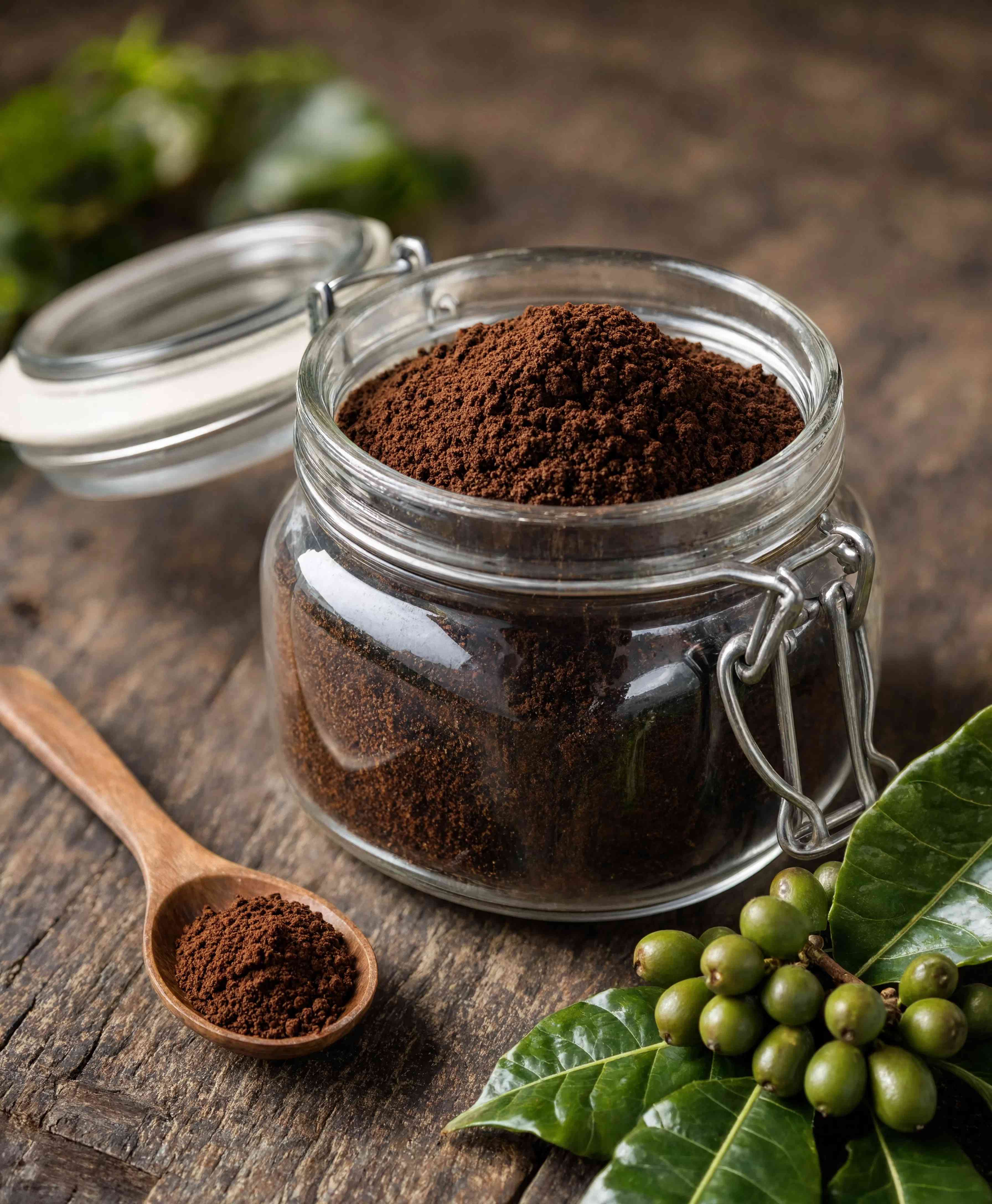Coffee grounds in a glass jar with coffee cherries and leaves