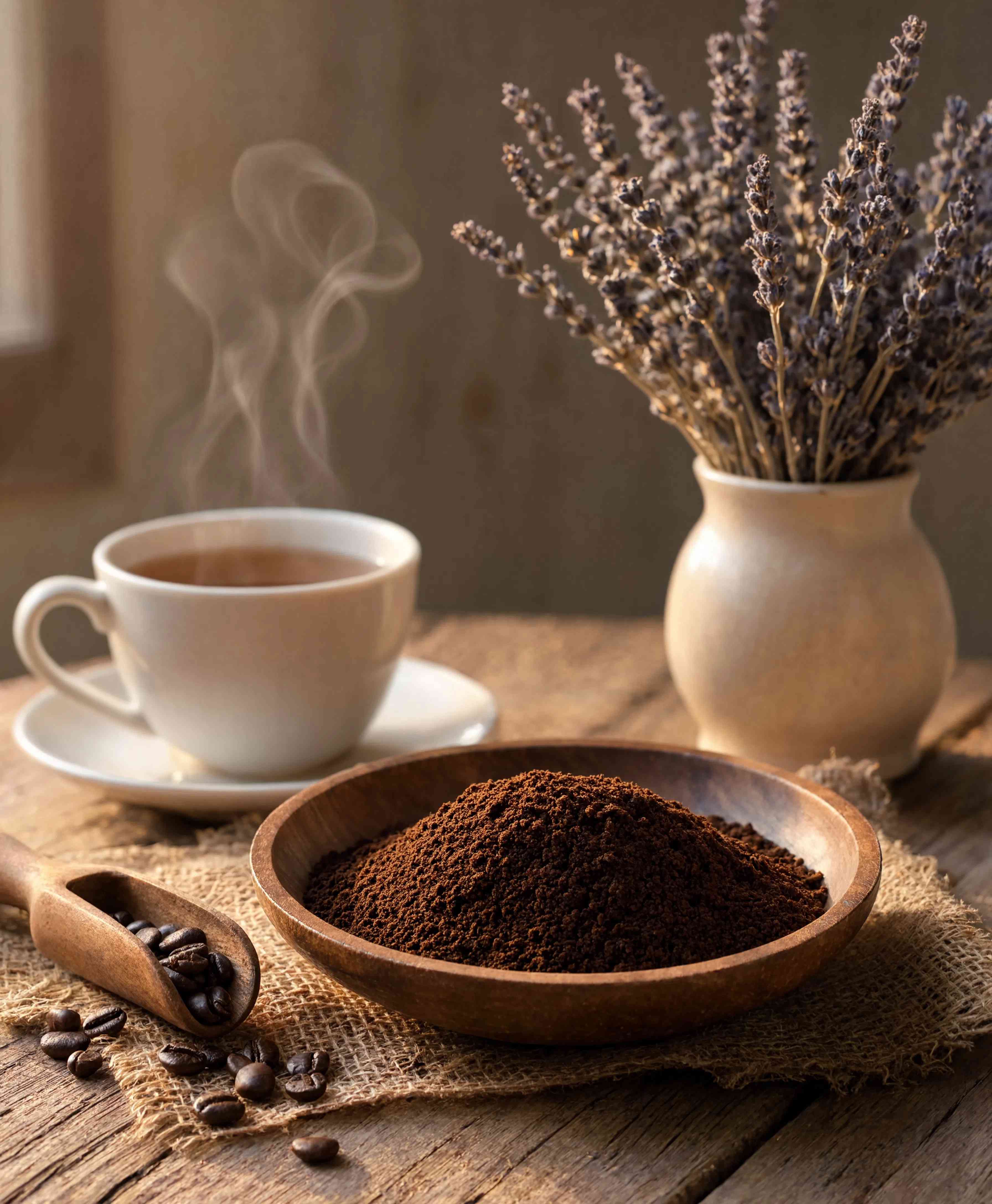 Ly cà phê nóng, bát bột cà phê và bình hoa lavender trong không gian gỗ ấm.