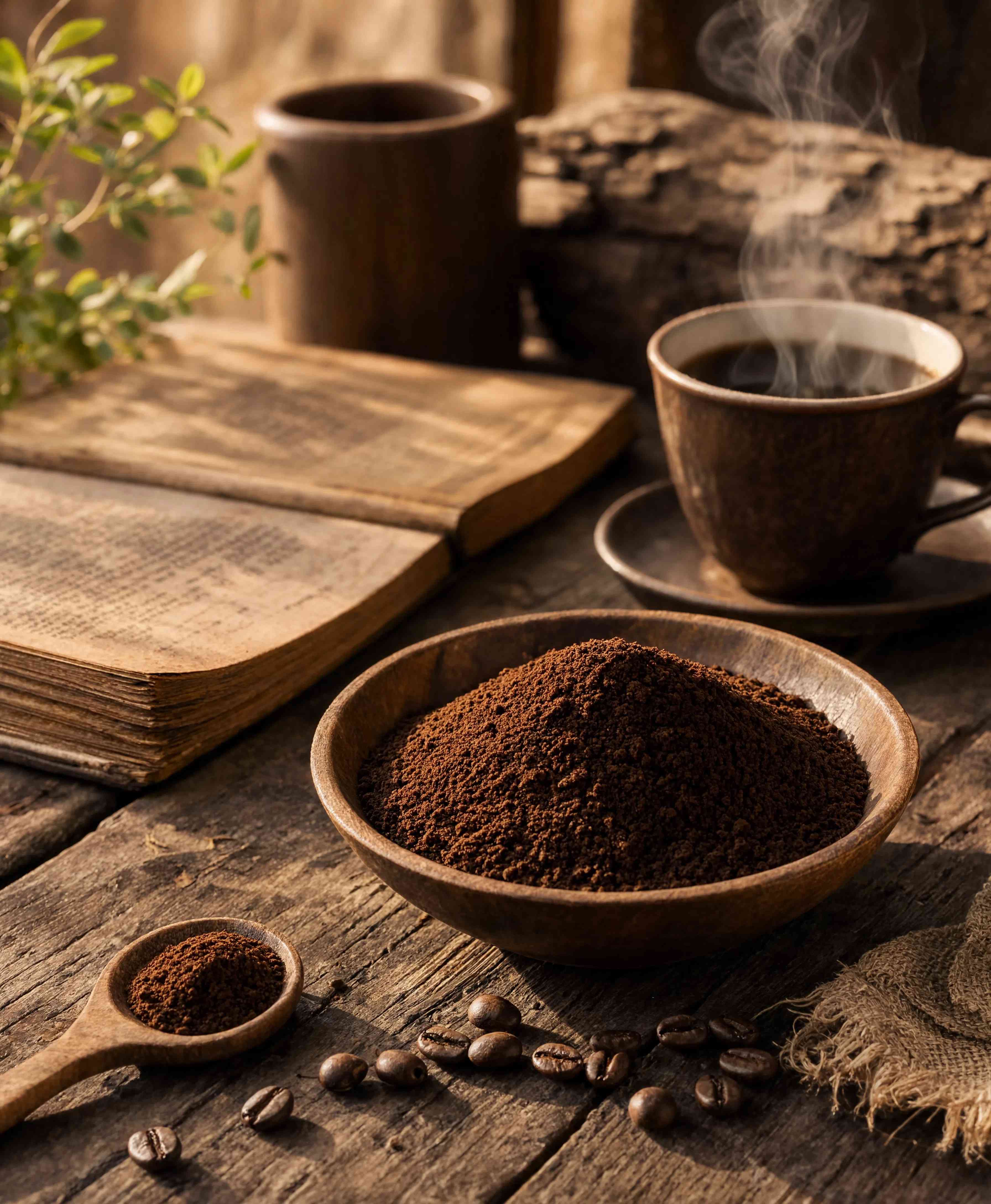 Bát bột cà phê trên bàn gỗ, cạnh hai ly cà phê nóng, sách mở và hạt cà phê.
