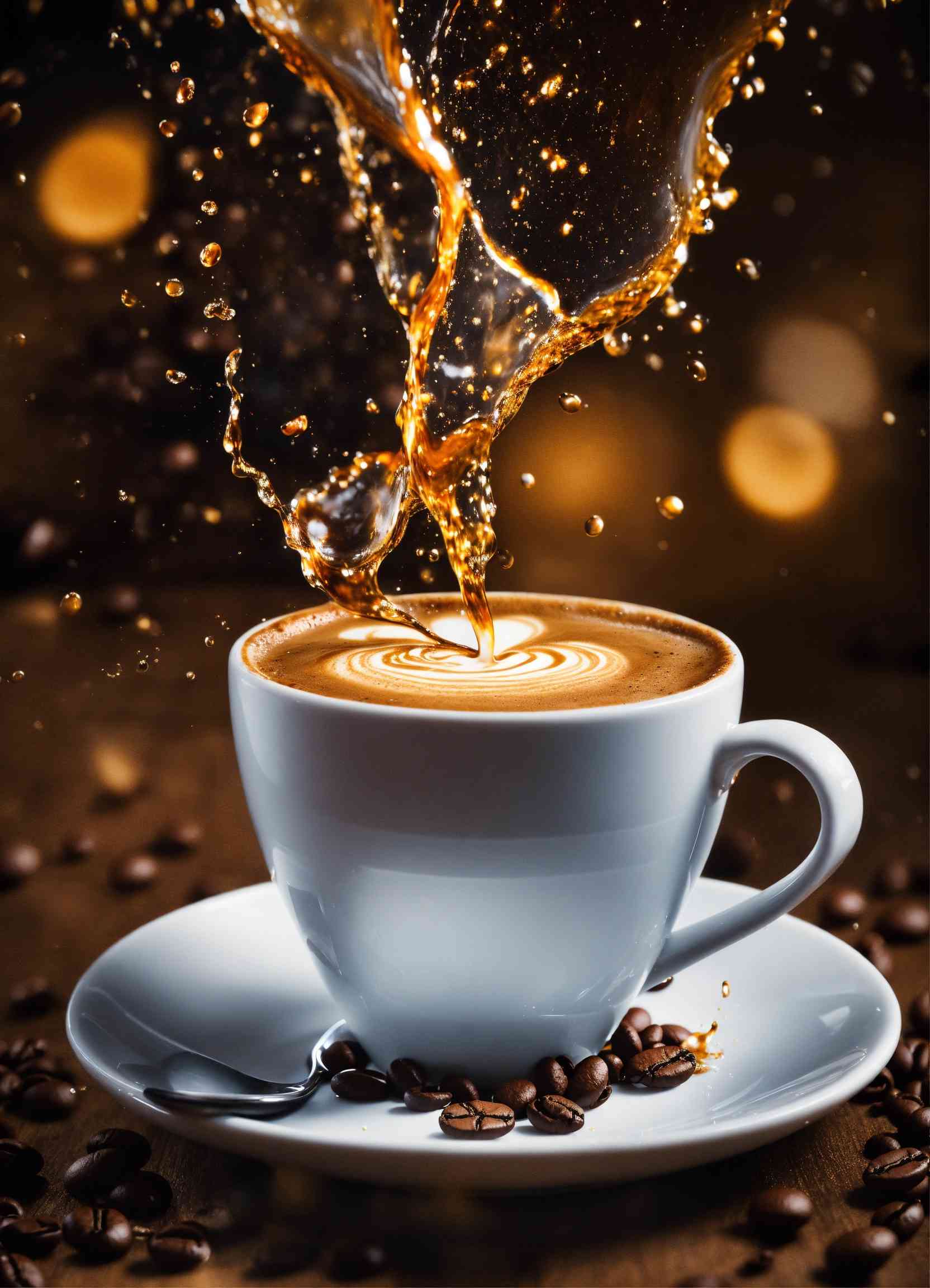 Ảnh quảng cáo phong cách nghệ thuật: dòng cà phê/espresso đổ mạnh vào ly, tạo splash và bọt.