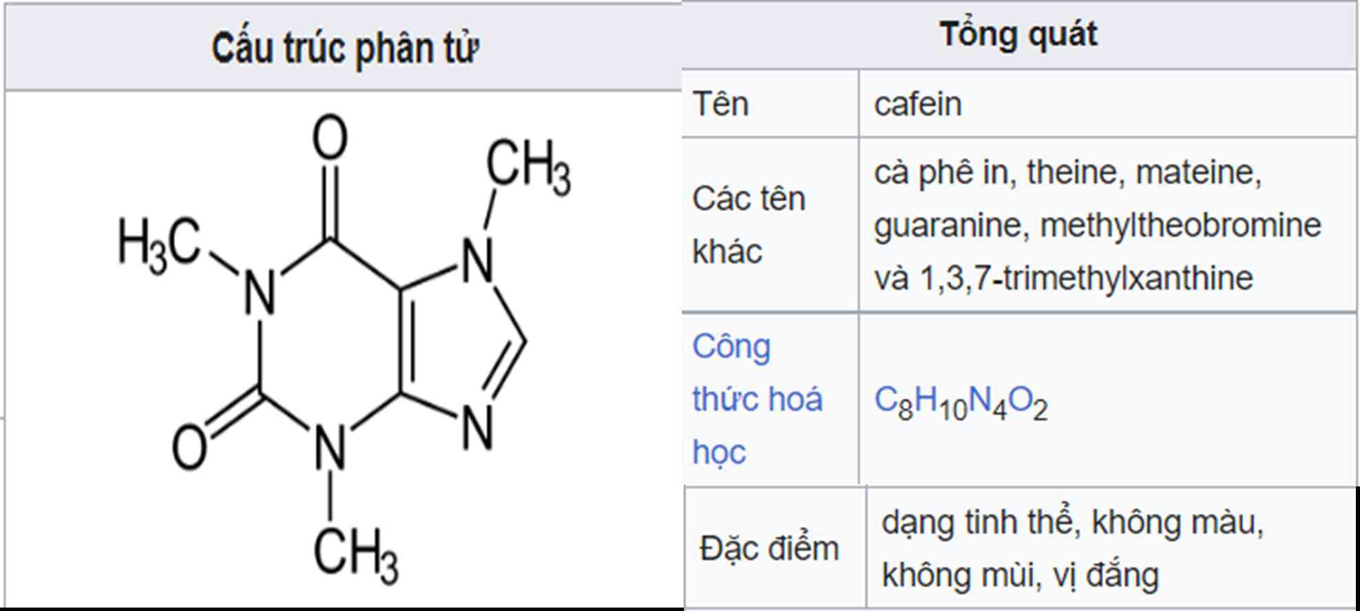 Infographic tiếng Việt về cấu trúc và thông tin tổng quát của caffeine.