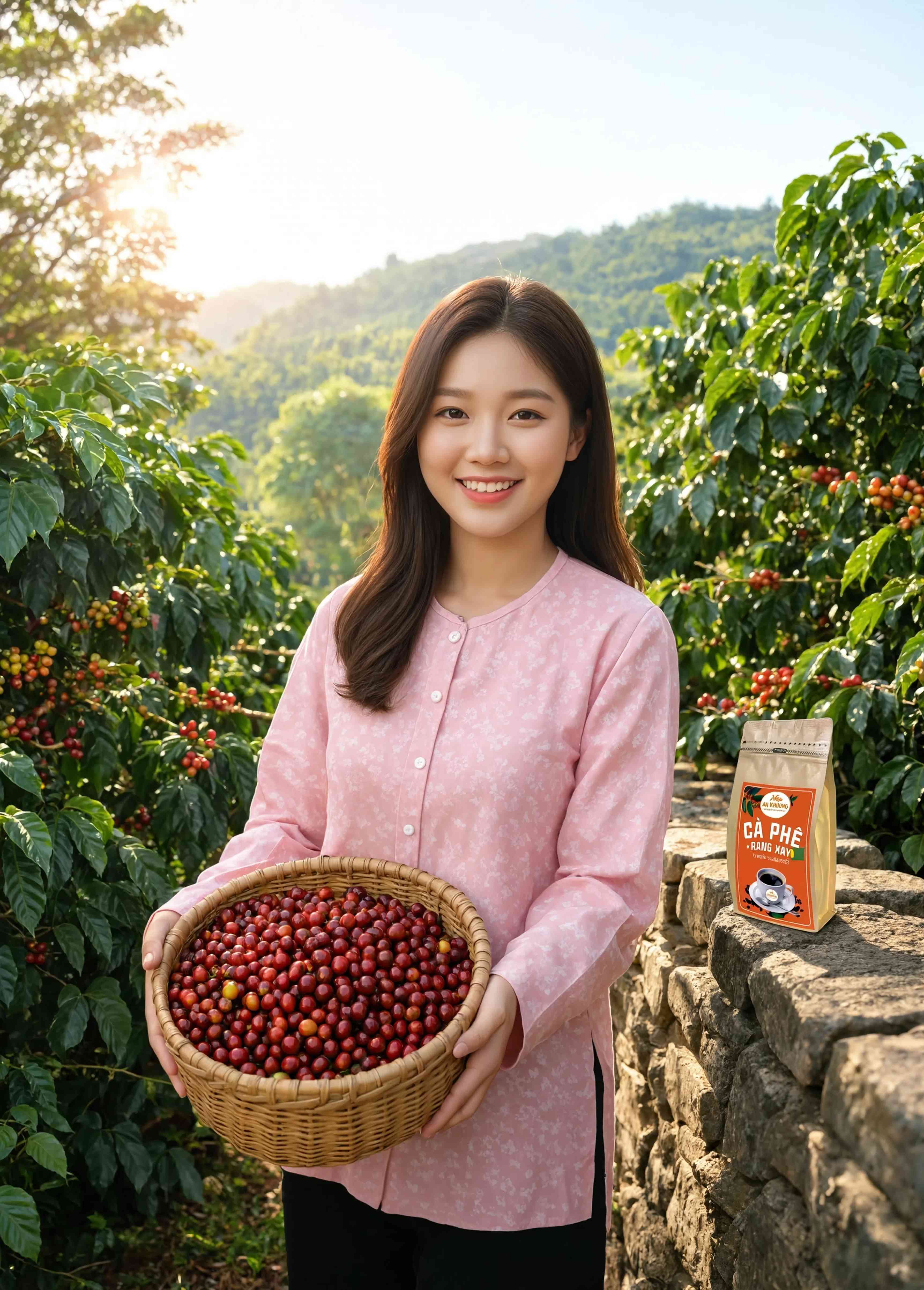 Một phụ nữ cầm giỏ đầy quả cà phê đỏ trong vườn; có túi cà phê An Khương đặt bên cạnh