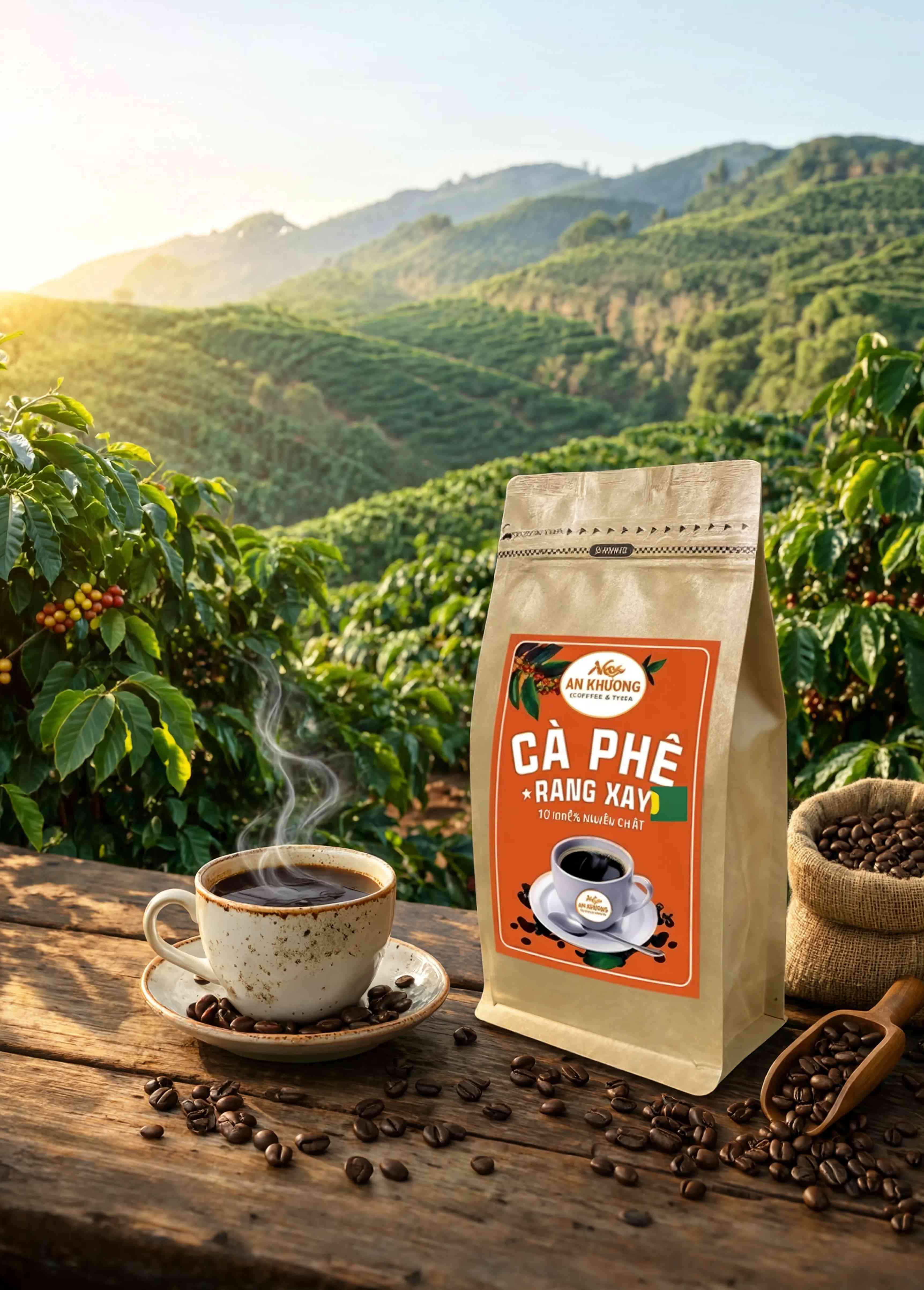 Túi cà phê An Khương và ly cà phê trước vùng đồi