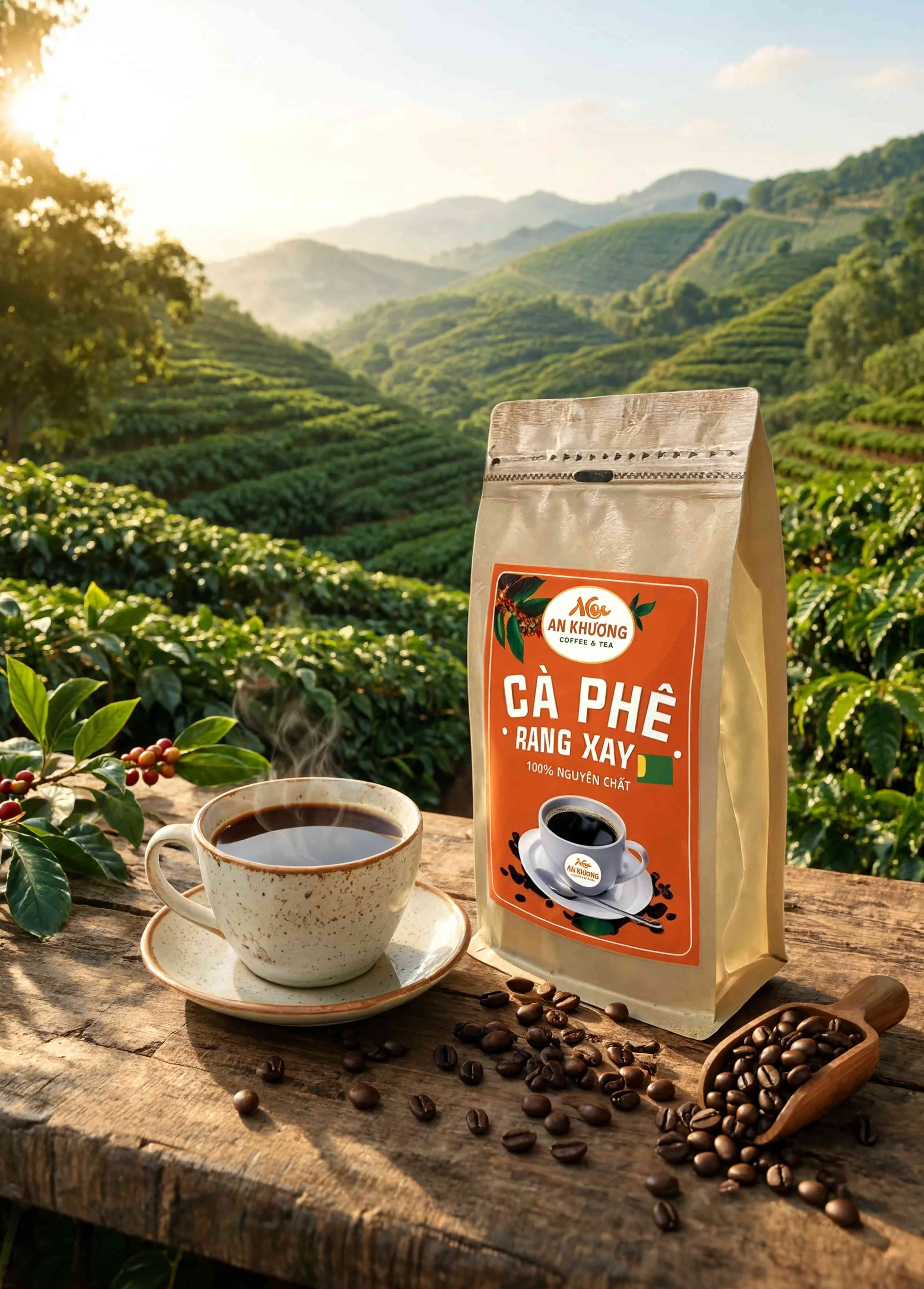 Túi cà phê An Khương cạnh ly cà phê nóng, phía sau là đồi cà phê
