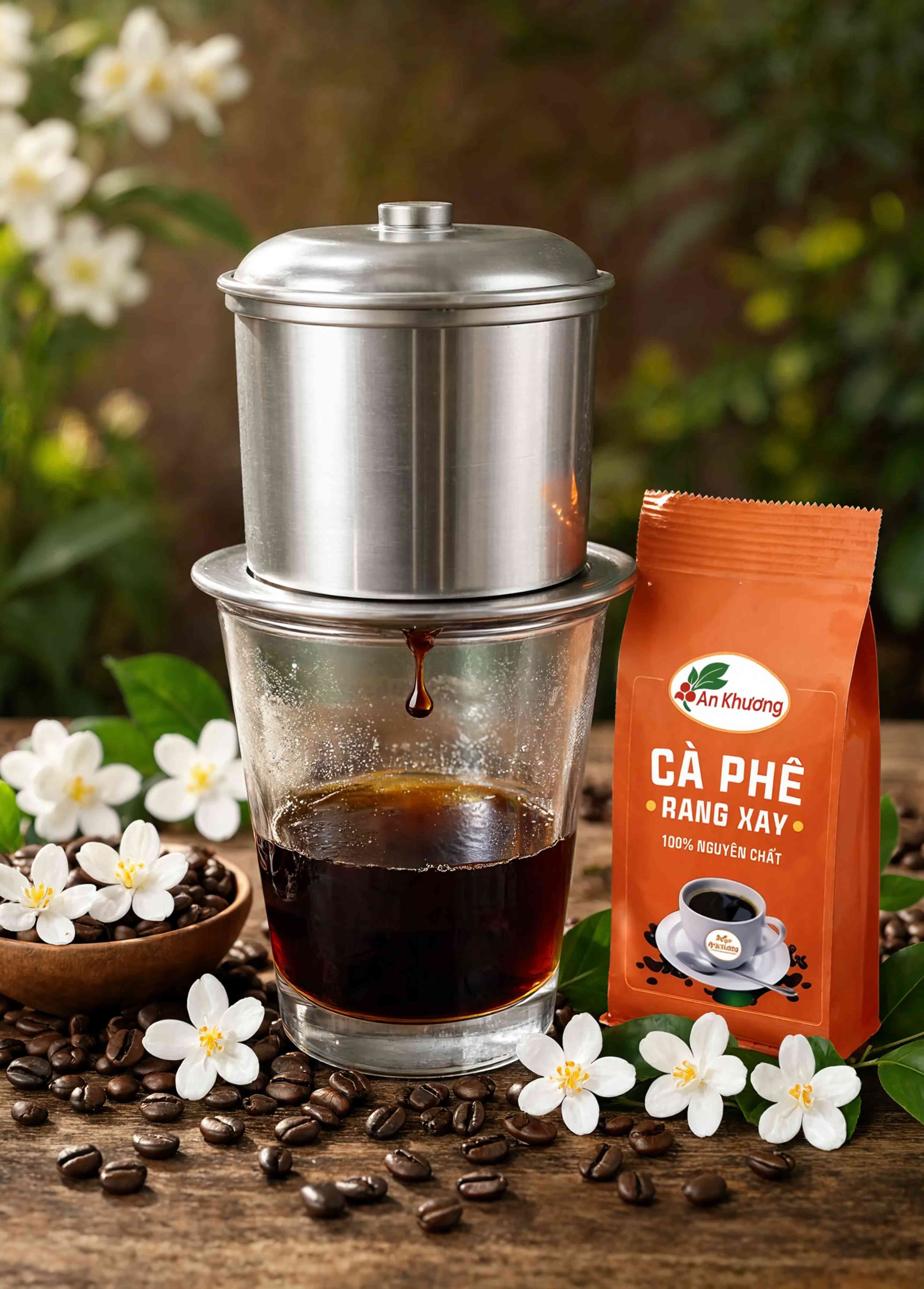 Phin cà phê inox đang pha, bên cạnh là hoa trắng và hạt cà phê; nền xanh tự nhiên