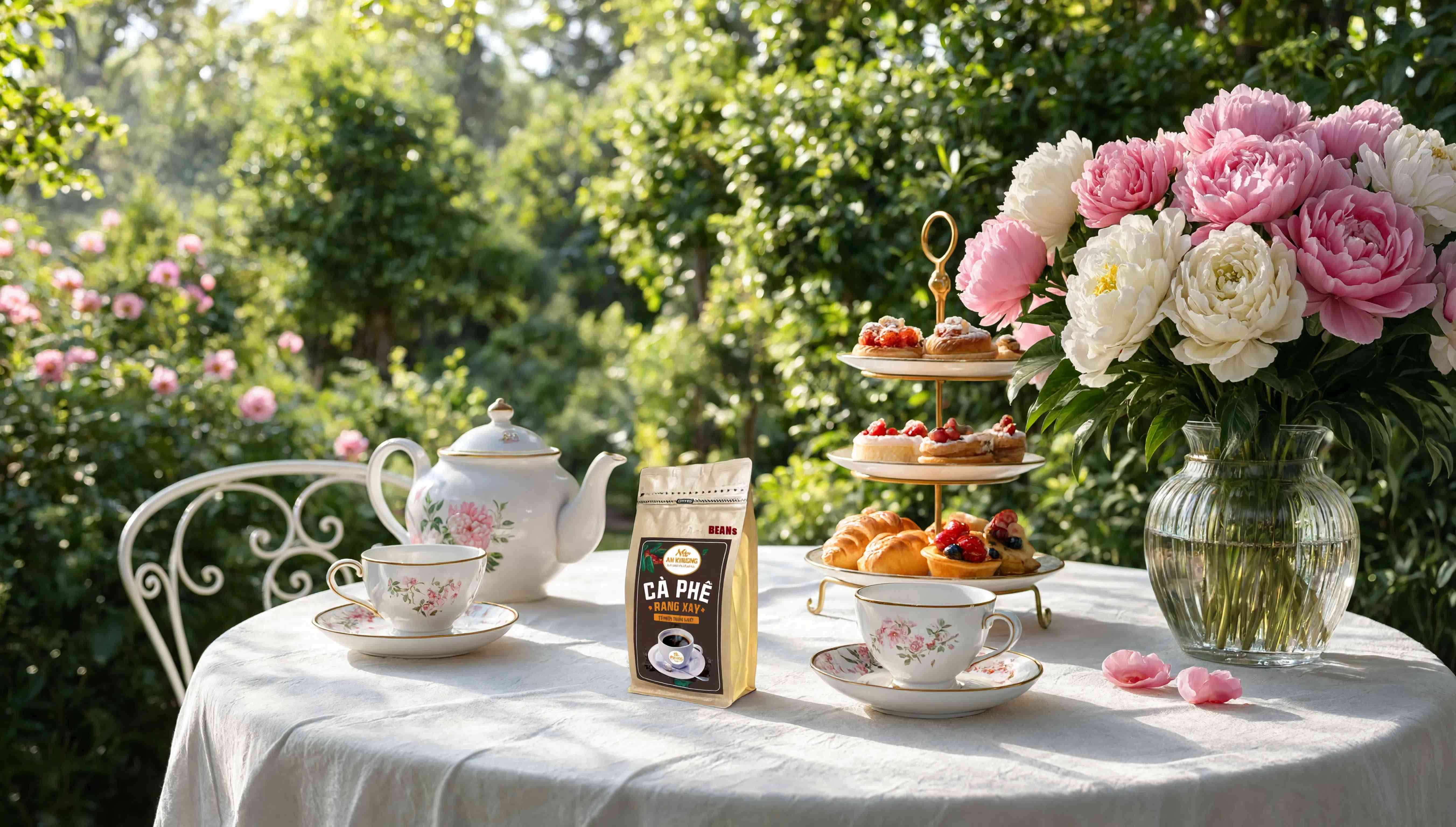 Bàn tiệc/brunch ngoài vườn với hoa hồng, bánh ngọt, trà/cà phê và túi cà phê An Khương ở trung tâm