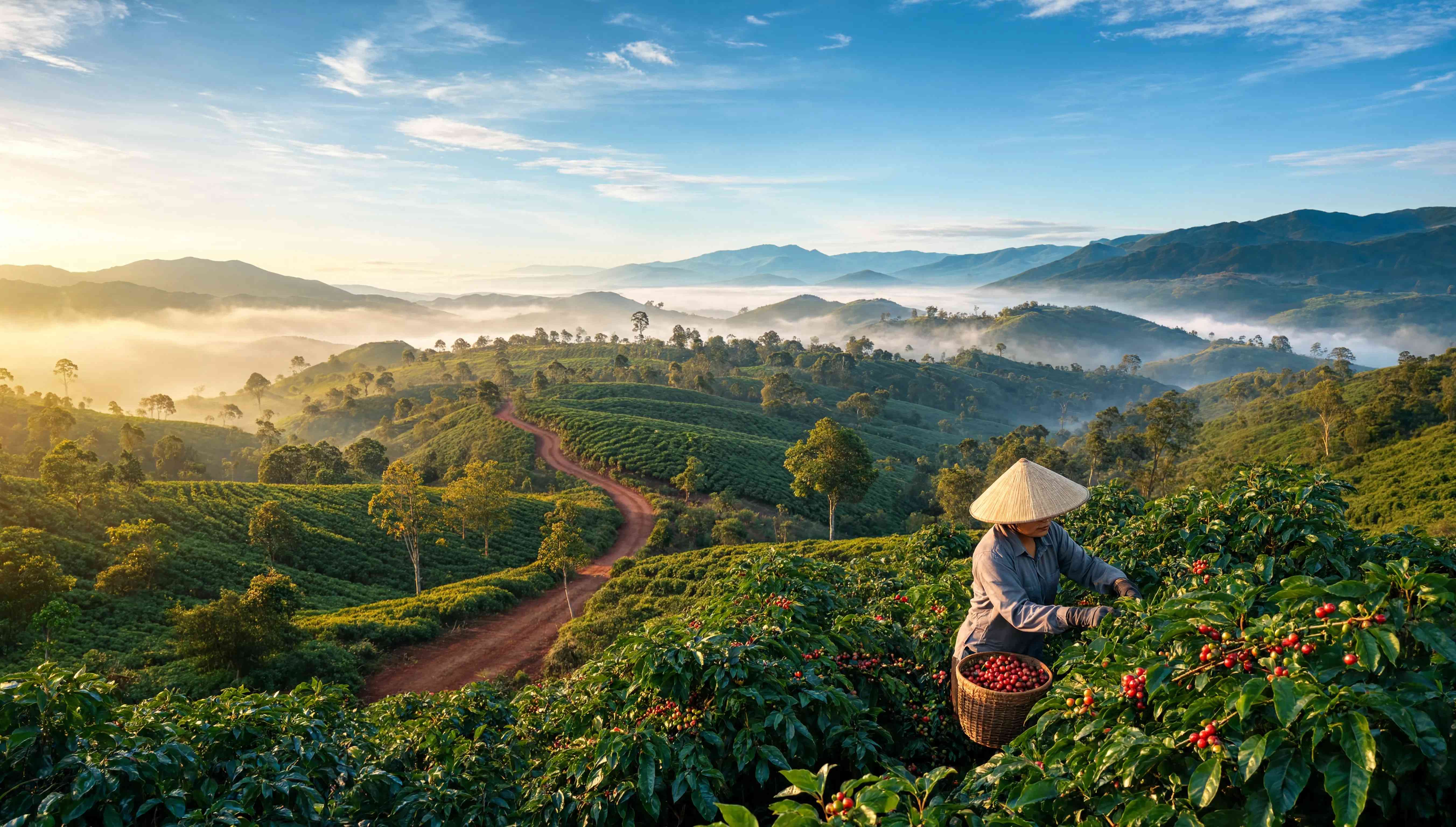 Đồi cà phê lúc bình minh, người thu hái ở tiền cảnh, nhiều luống cây và núi phía xa; ánh sáng vàng mạnh