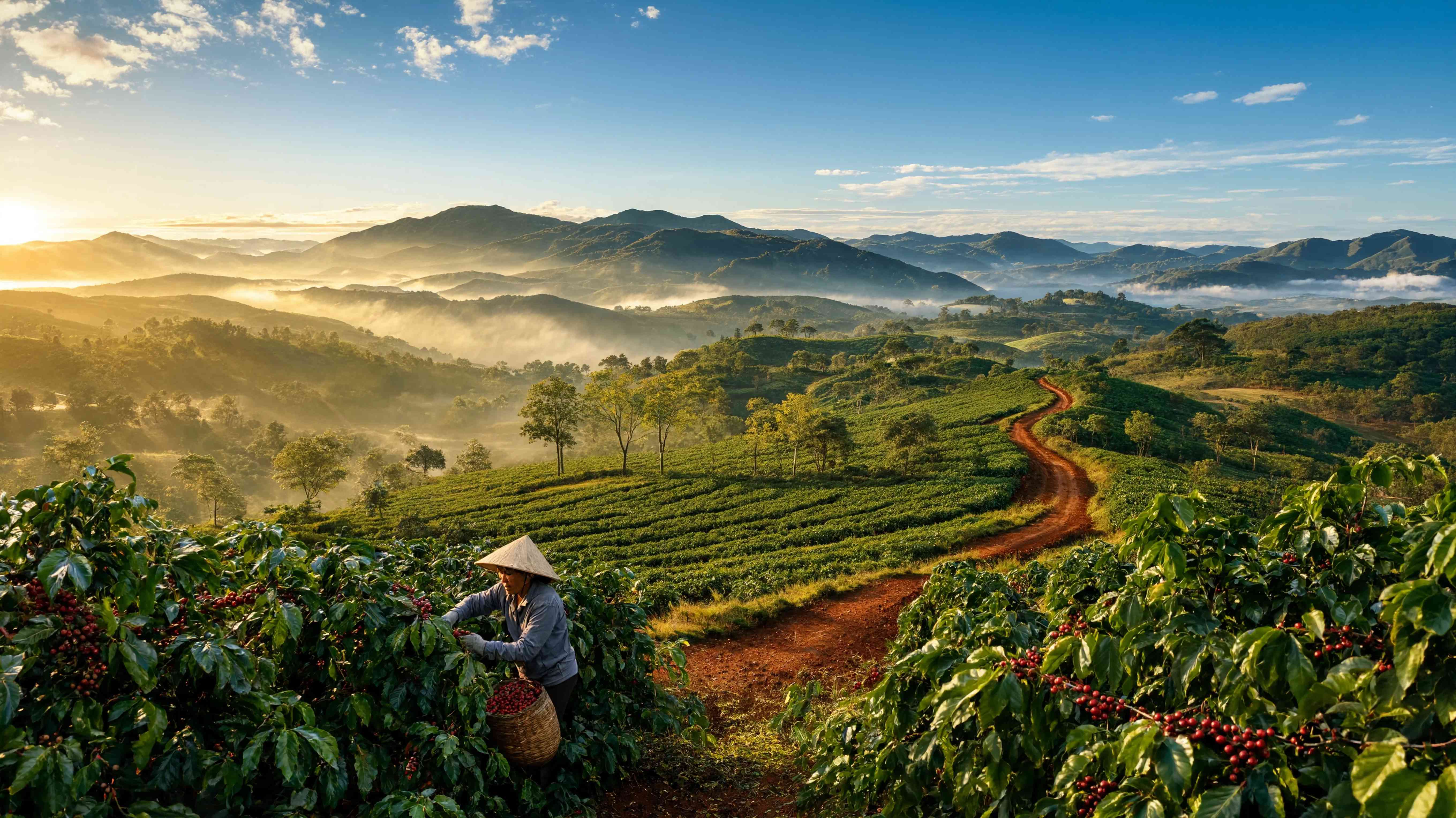 Đồi cà phê nhìn rộng về phía núi, người thu hái đội nón lá mang giỏ quả