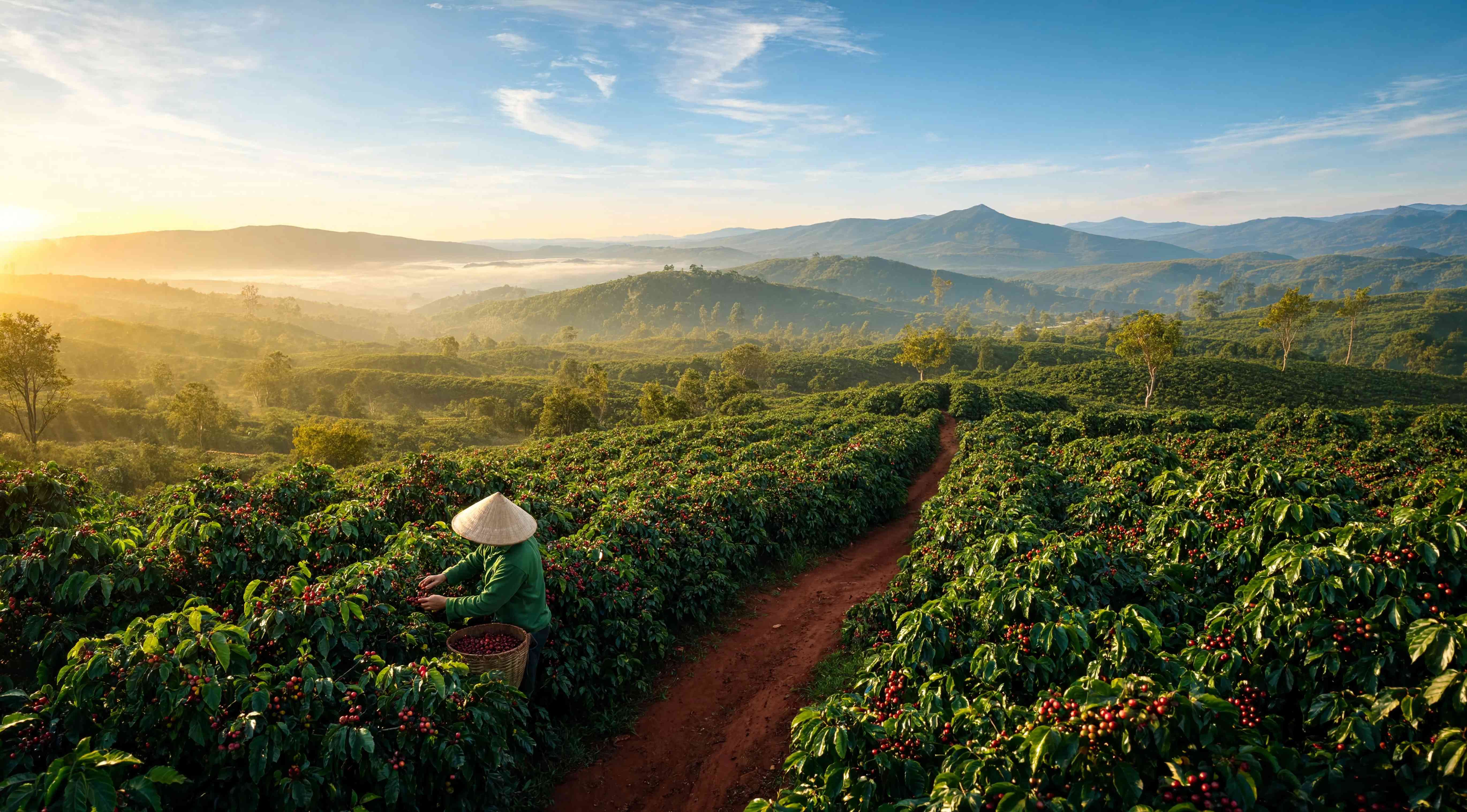Toàn cảnh đồi cà phê cao nguyên lúc bình minh