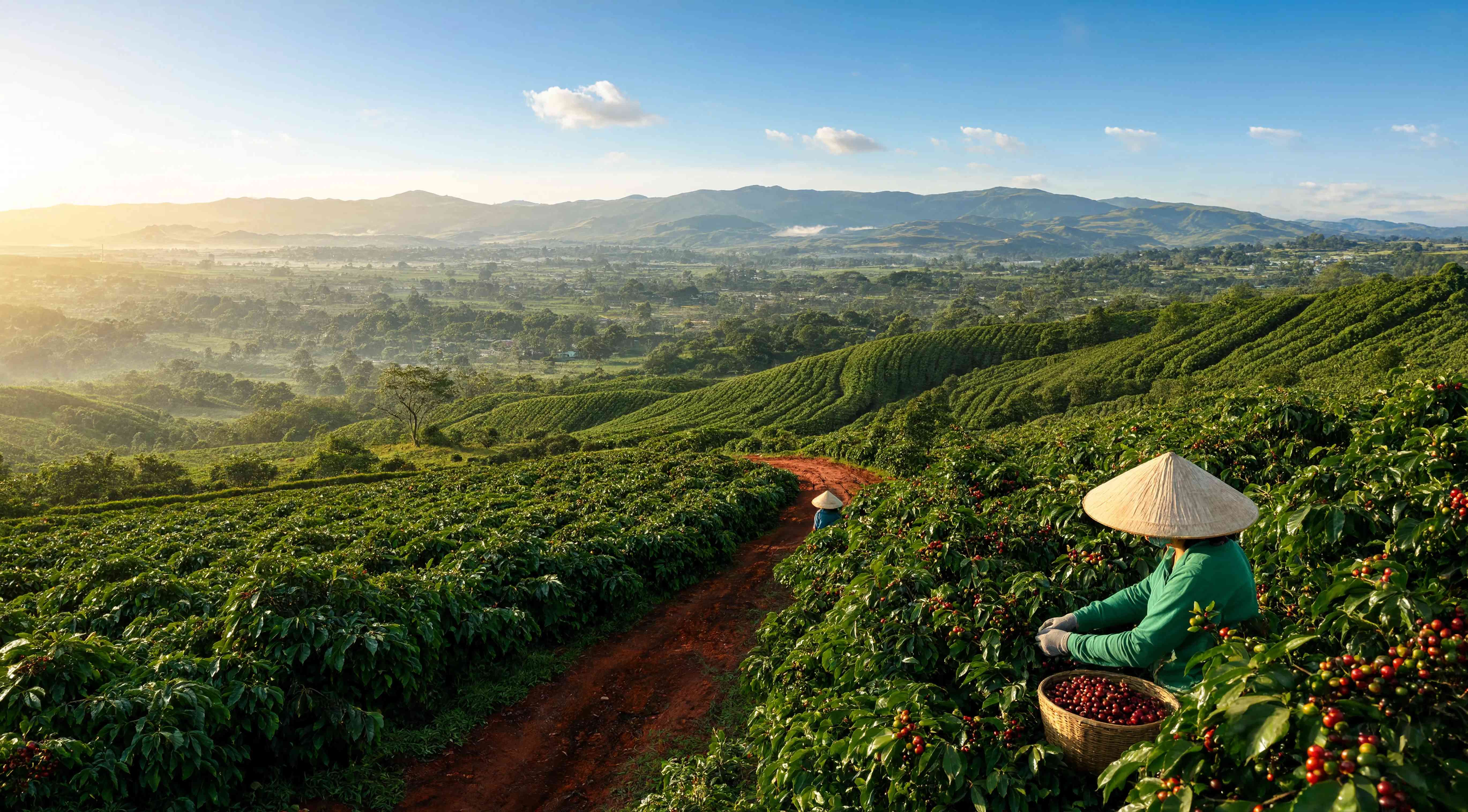 Đồi cà phê rộng nhìn xuống thung lũng, người thu hái ở tiền cảnh