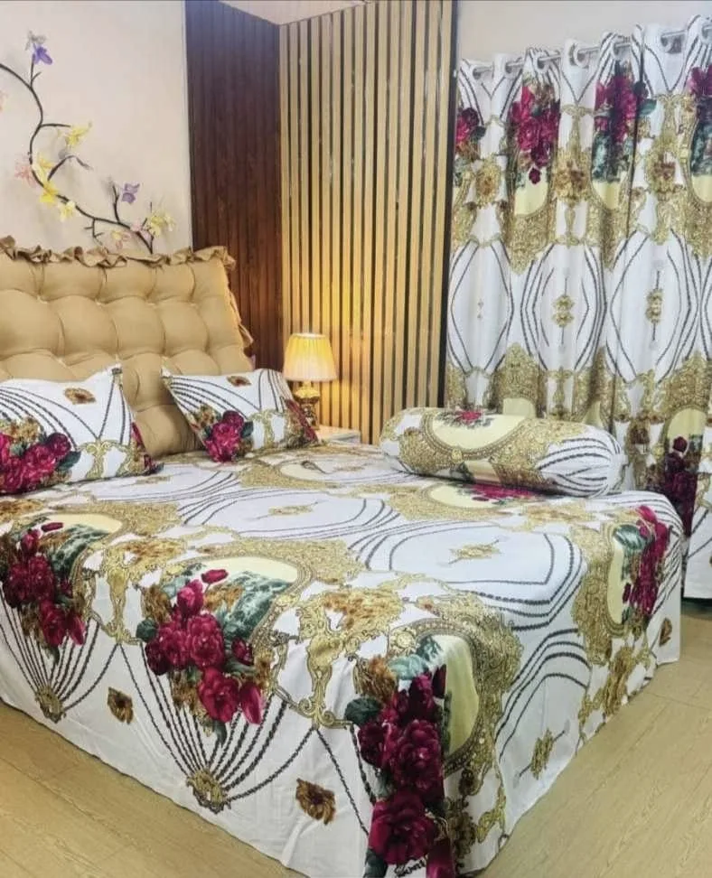 Luxury Twill 100% Cotton Bed Sheet And Porda Combo