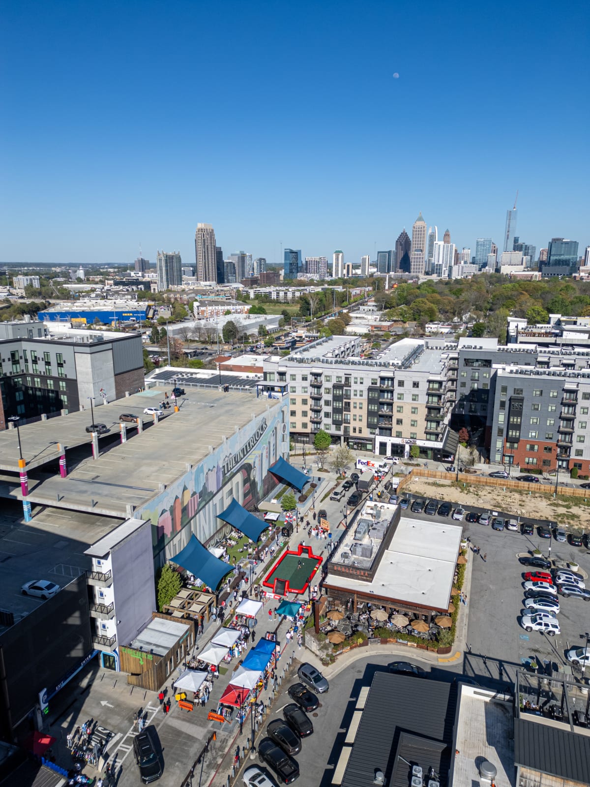 Aerial view over the block and the Atlanta skyline