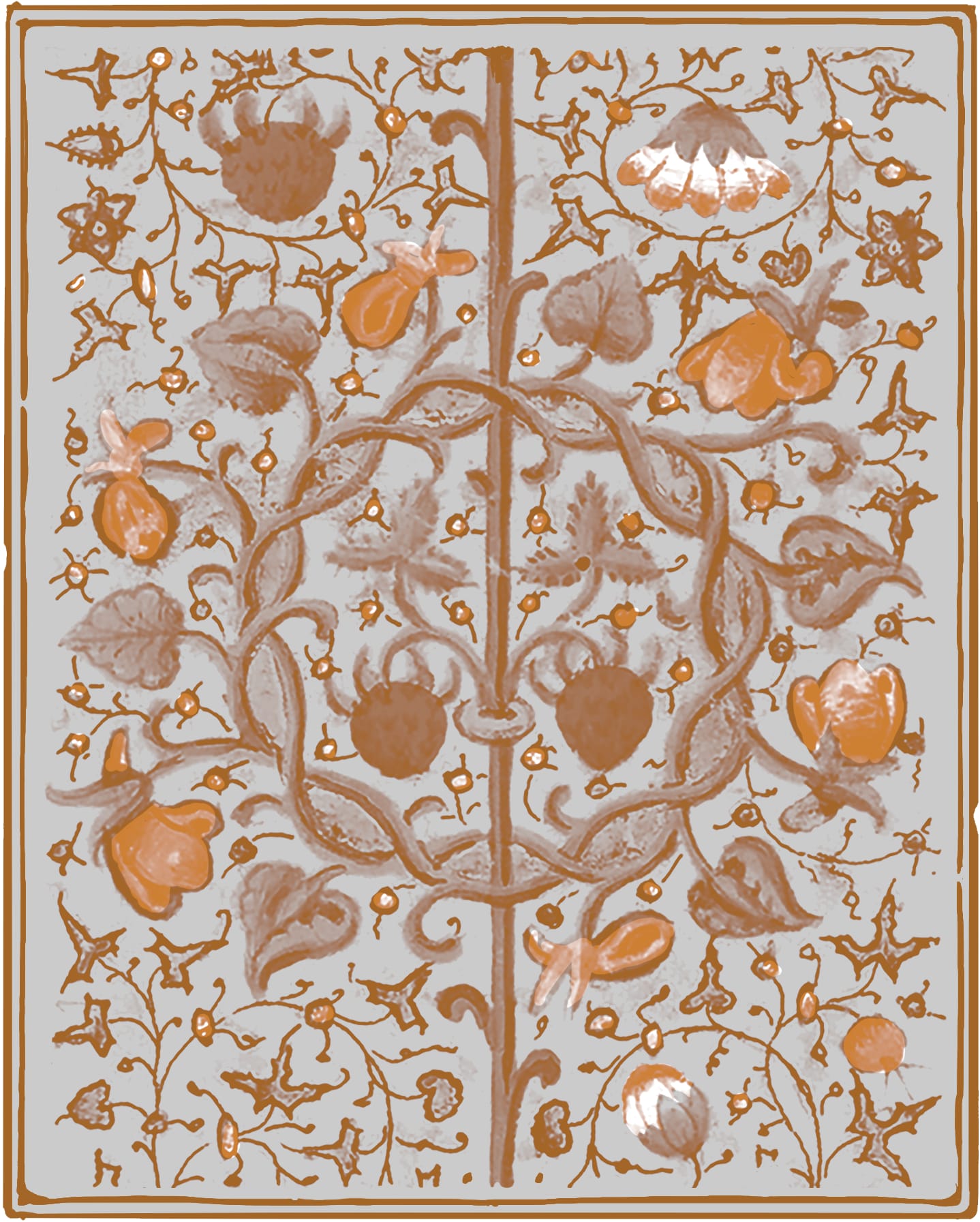 Decorative orange incipit with floral and vine features