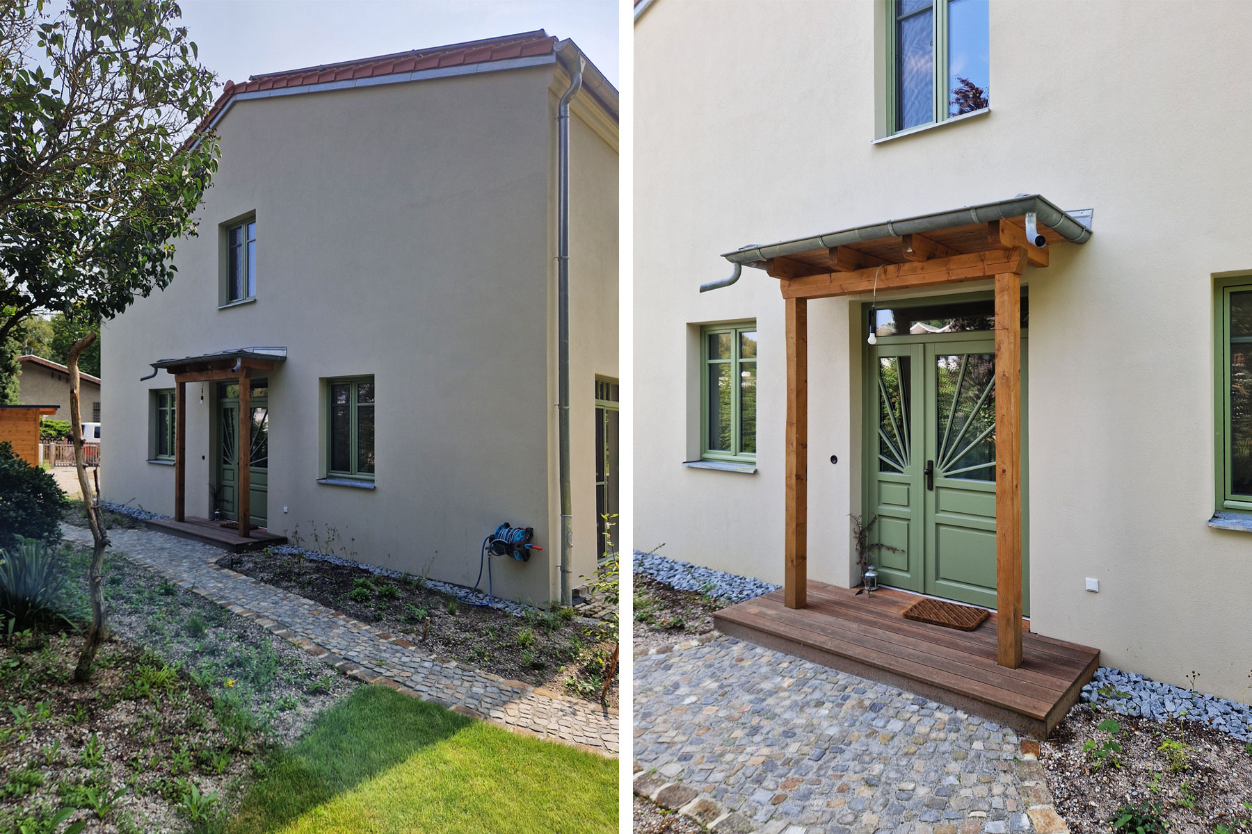Vordach Eingang Holz Holztür mit Glaseinsatz