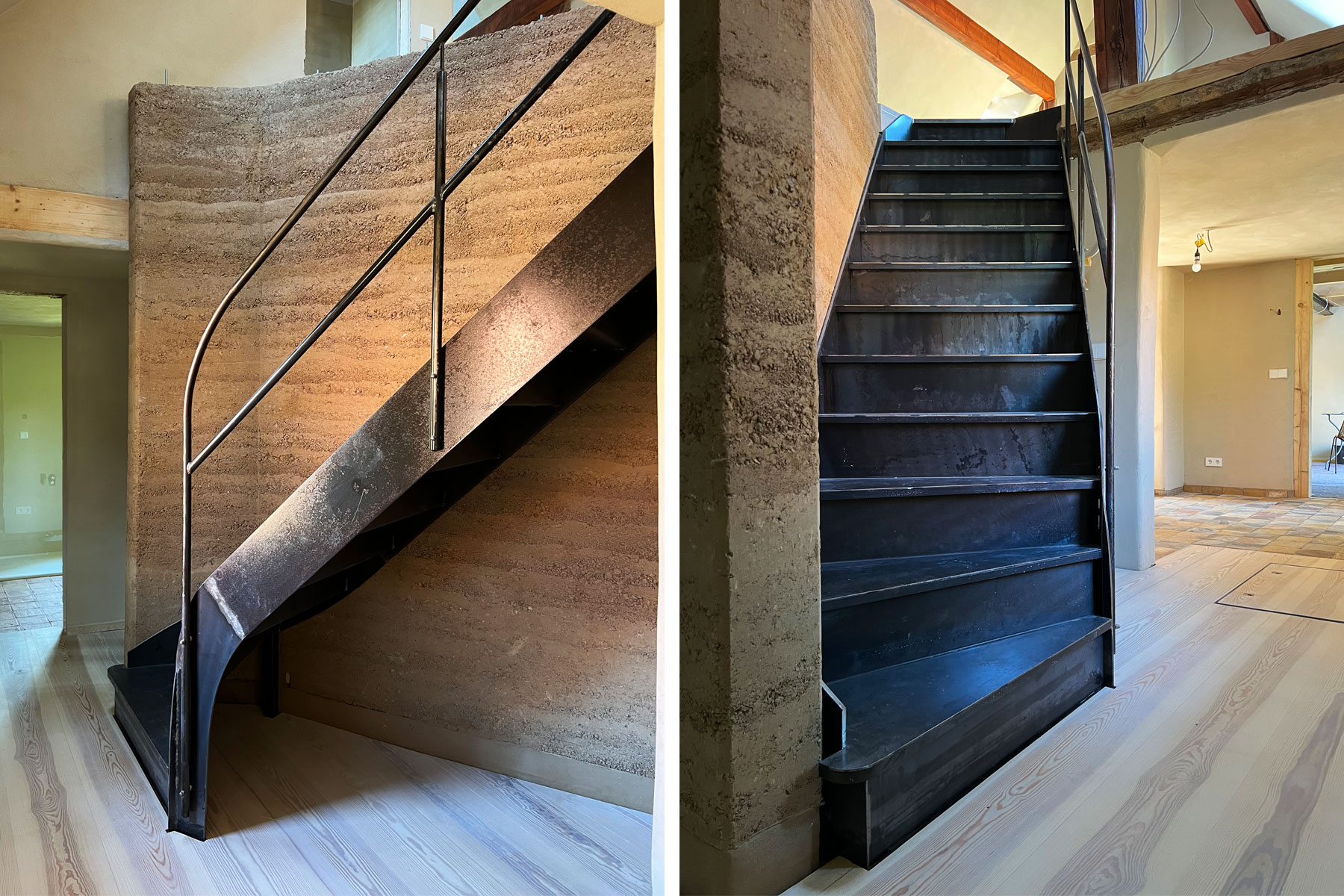 Stahltreppe Stampflehmwand