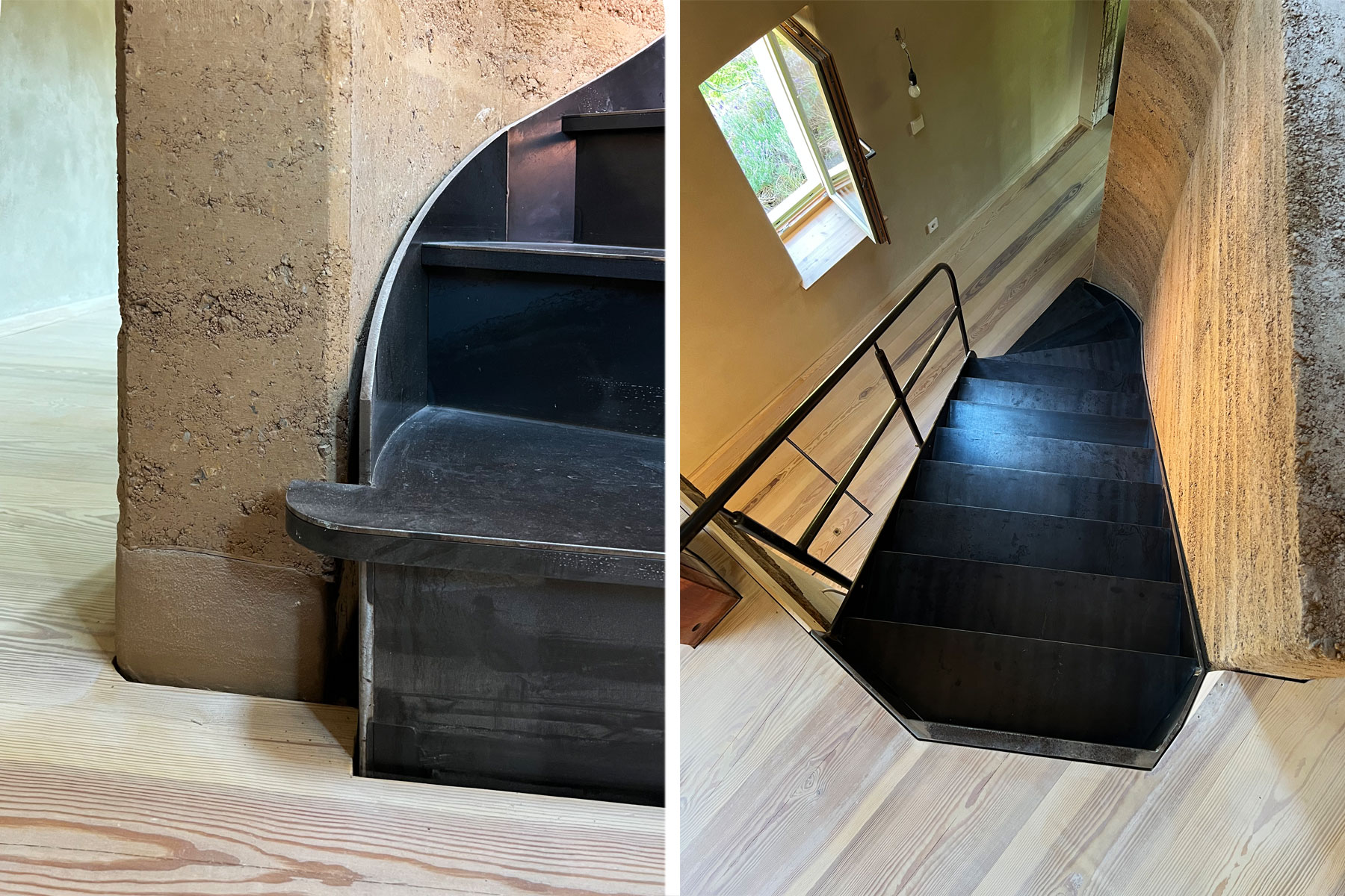 Stahltreppe Stampflehmwand