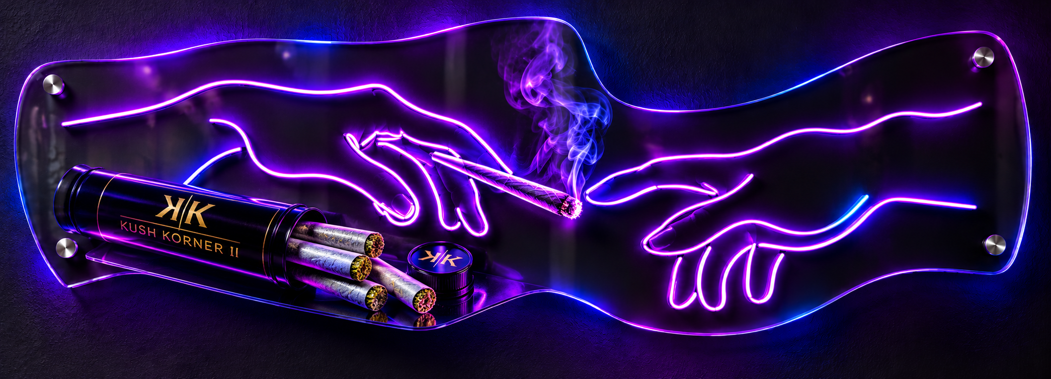 Neon hands passing a cannabis preroll