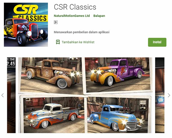 Game balap mobil CSR Classics di PlayStore