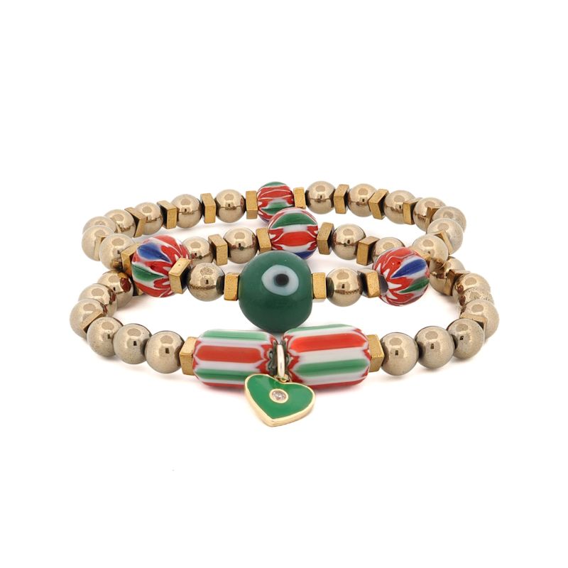 African & Gold Beaded Heart Charm Bracelet Set - Gold | Ebru Jewelry ...