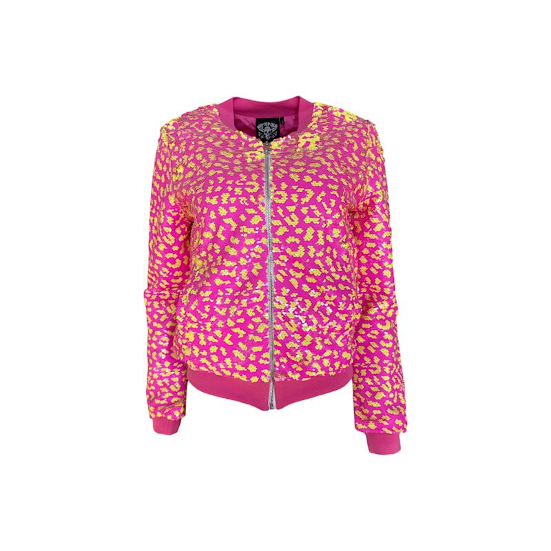 Neon Pink & Yellow Sequin Cheetah Bomber Jacket | Any Old Iron | Wolf ...