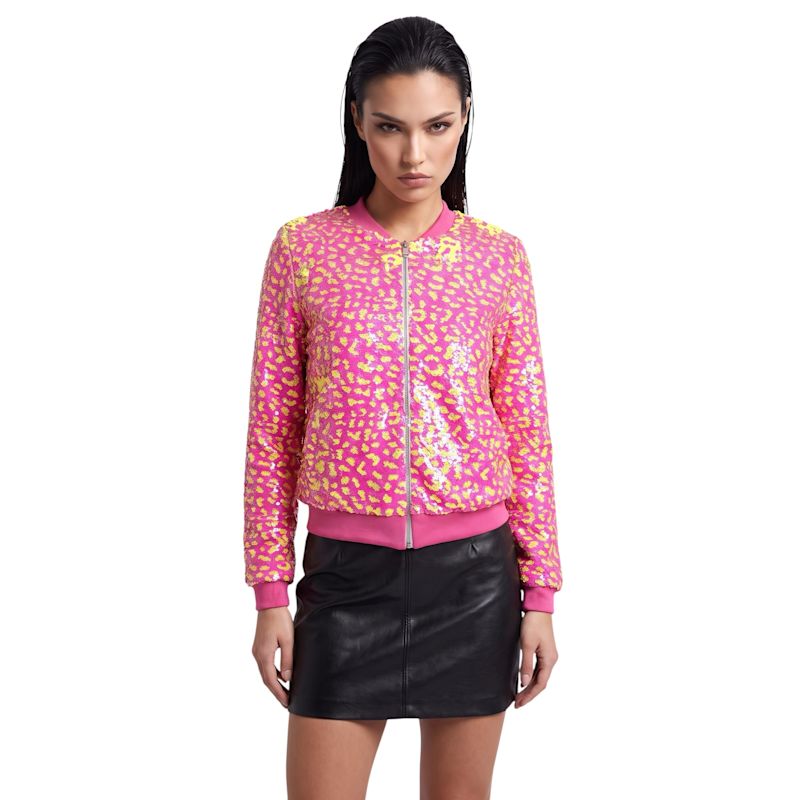 Neon Pink & Yellow Sequin Cheetah Bomber Jacket | Any Old Iron | Wolf ...
