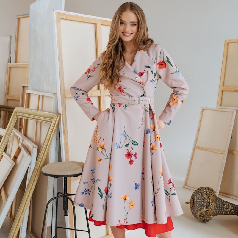 Beige Waterproof Trench Coat With Colourful Flower Print: Spring Bloom ...