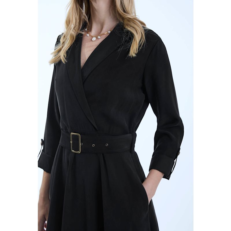 Suit Collar Black Dress with Belt