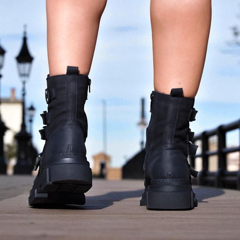Black Leather Boots With Multiple Buckle Straps – Handmade Chunky Sole ...