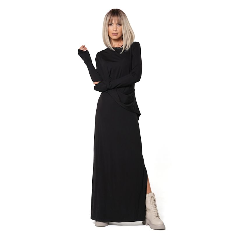 Black Longsleeve Maxi Cotton Dress With Side Slits | Metamorphoza ...