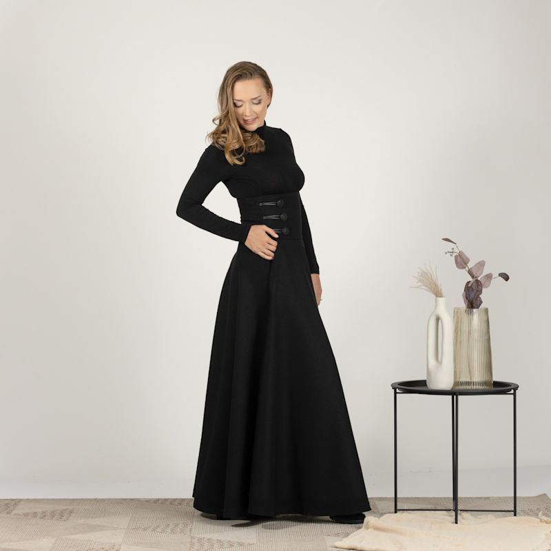 Black virgin wool long skirt with refined buttons