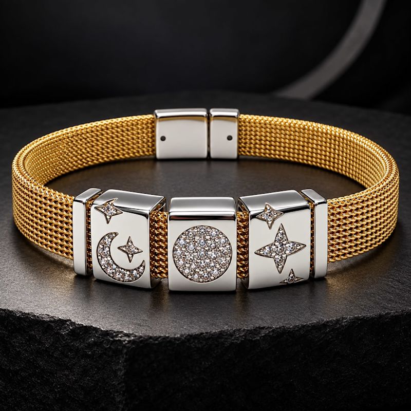 Celestial Motion Gold Plated Moon & Star Charm Zircon Bracelet - Gold ...