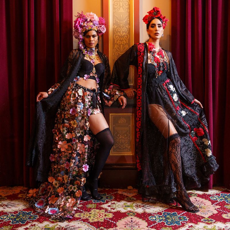 Celestial Wildflower Noir Robe - Long Magnificent Corded Lace Robe With ...