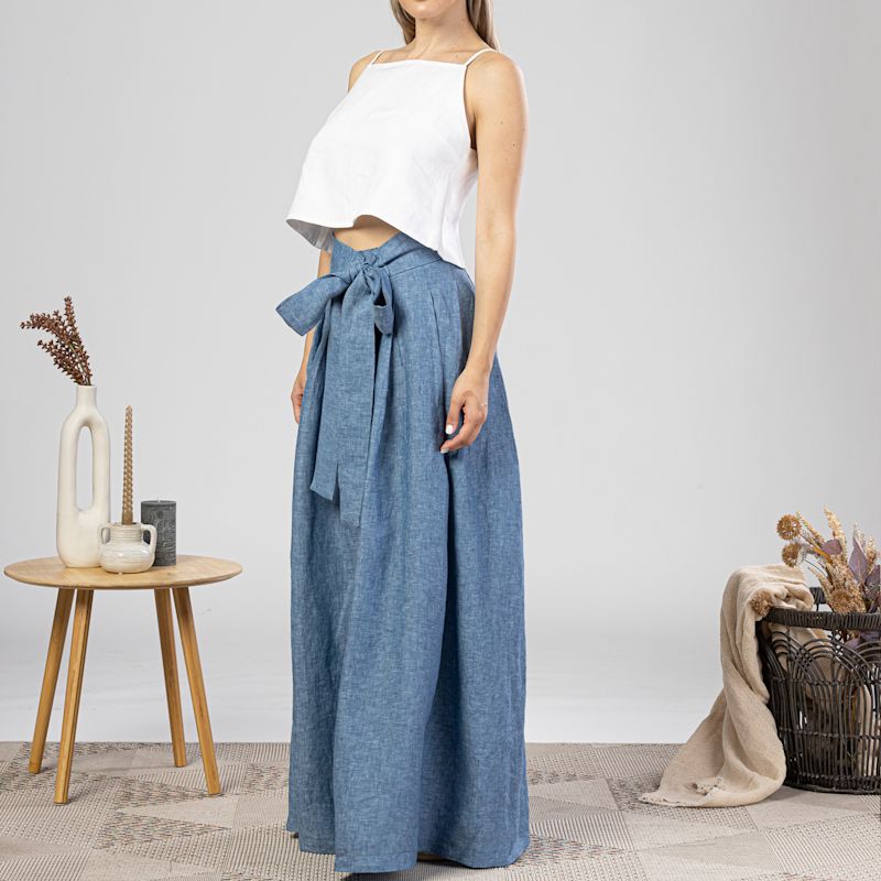 Wide Leg Baggy Linen Pants With High Waist And Front Tie In