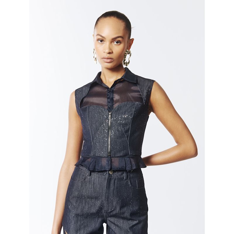 Composite Sparkly Denim Bustier Blouse In Profound Blue | SOUR FIGS ...