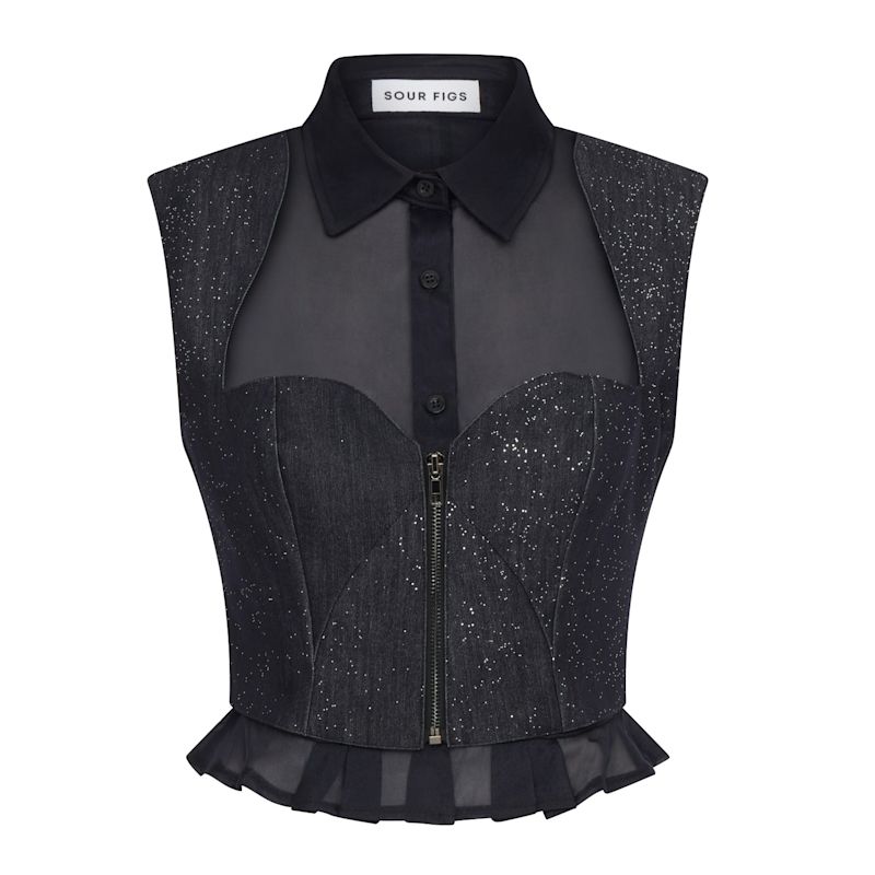 Composite Sparkly Denim Bustier Blouse In Profound Blue | SOUR FIGS ...