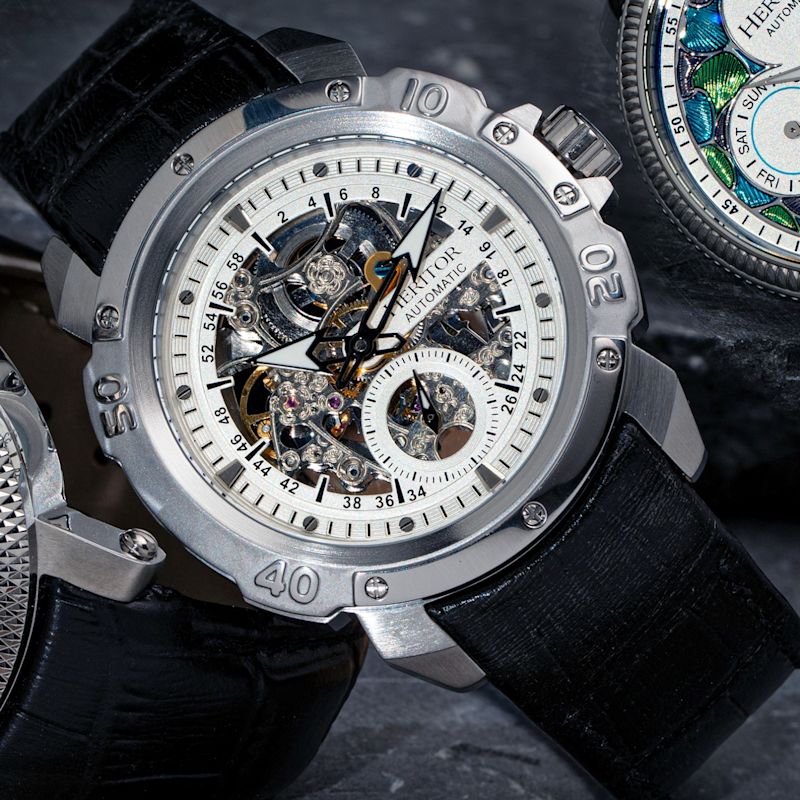 Conrad Leather-Band Skeleton Watch with Seconds Sub-Dial - Silver ...