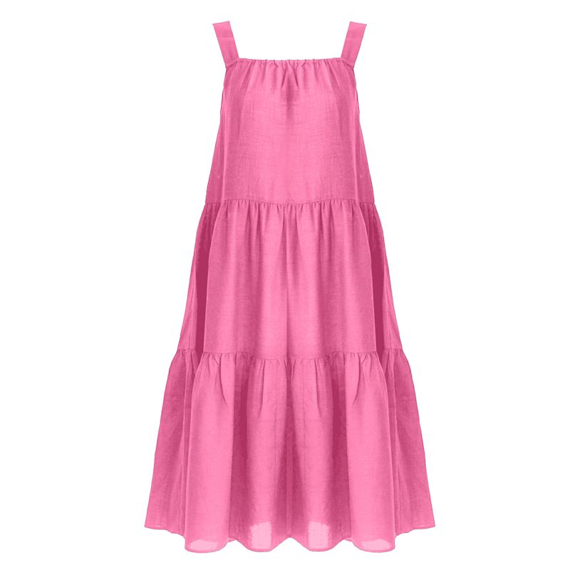 Zenzee Cotton Linen Gathered Strap Tiered Dress - Pink
